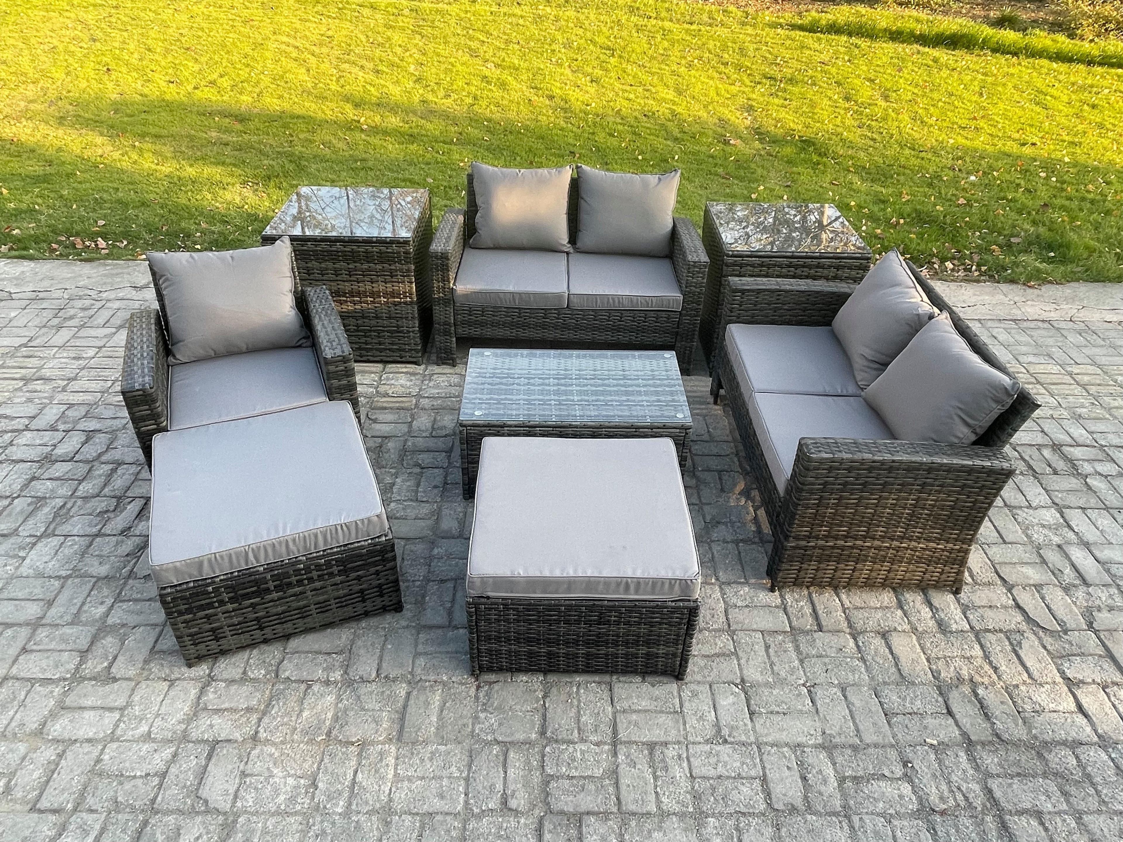 Rattan Garden Furniture Set 7 Seater Patio Outdoor Lounge Sofa Chair Set Rectangular Coffee Table 2 Big Footstool 2 Side Tables