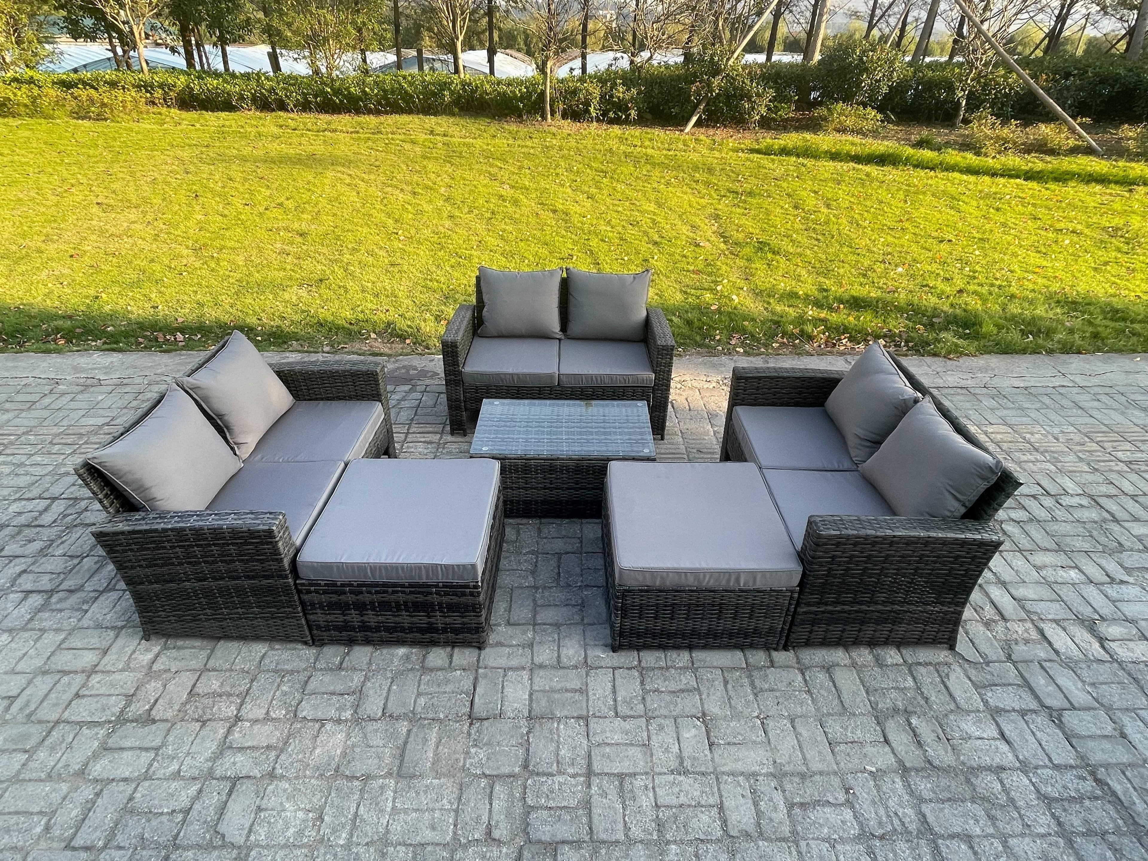 Rattan Garden Furniture Set 8 Seater Patio Outdoor Lounge Sofa Set Rectangular Coffee Table 2 Big Footstool Dark Grey Mixed