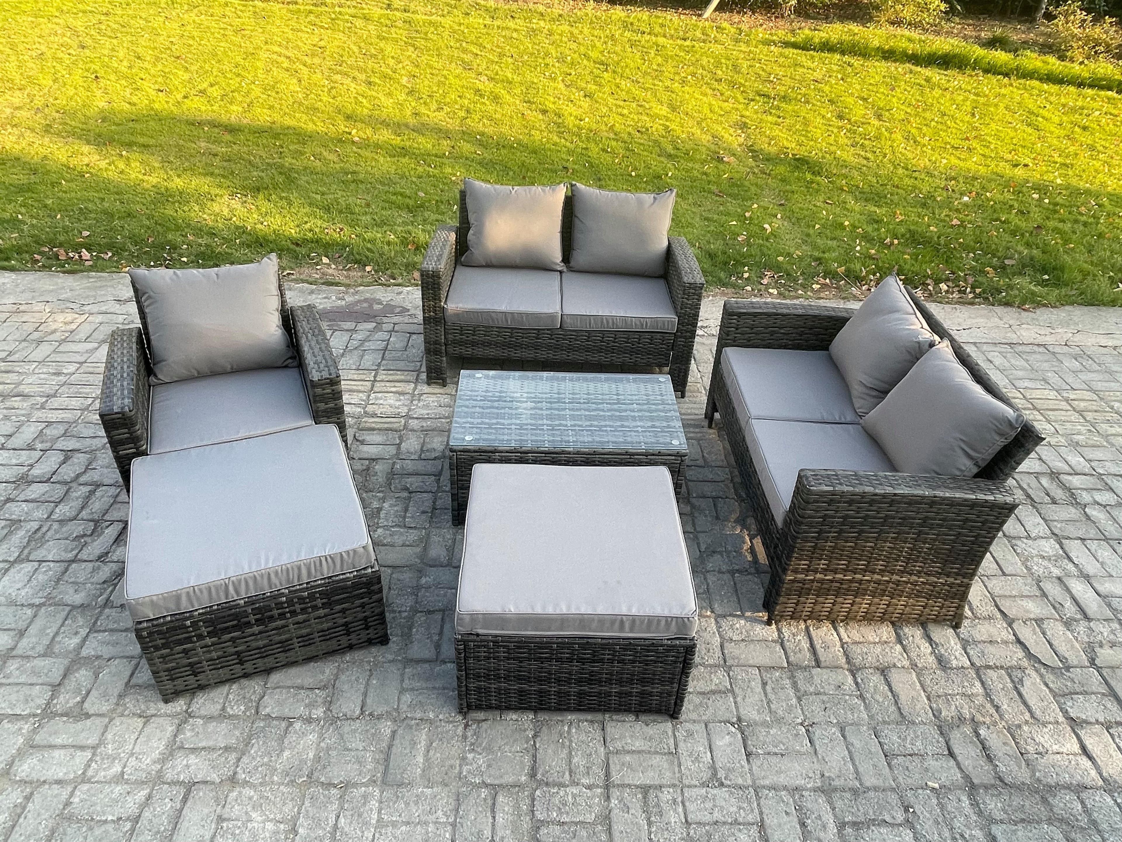 Outdoor Rattan Garden Furniture Set 7 Seater Patio Lounge Sofa Set Coffee Table 2 Big Footstool Dark Grey Mixed