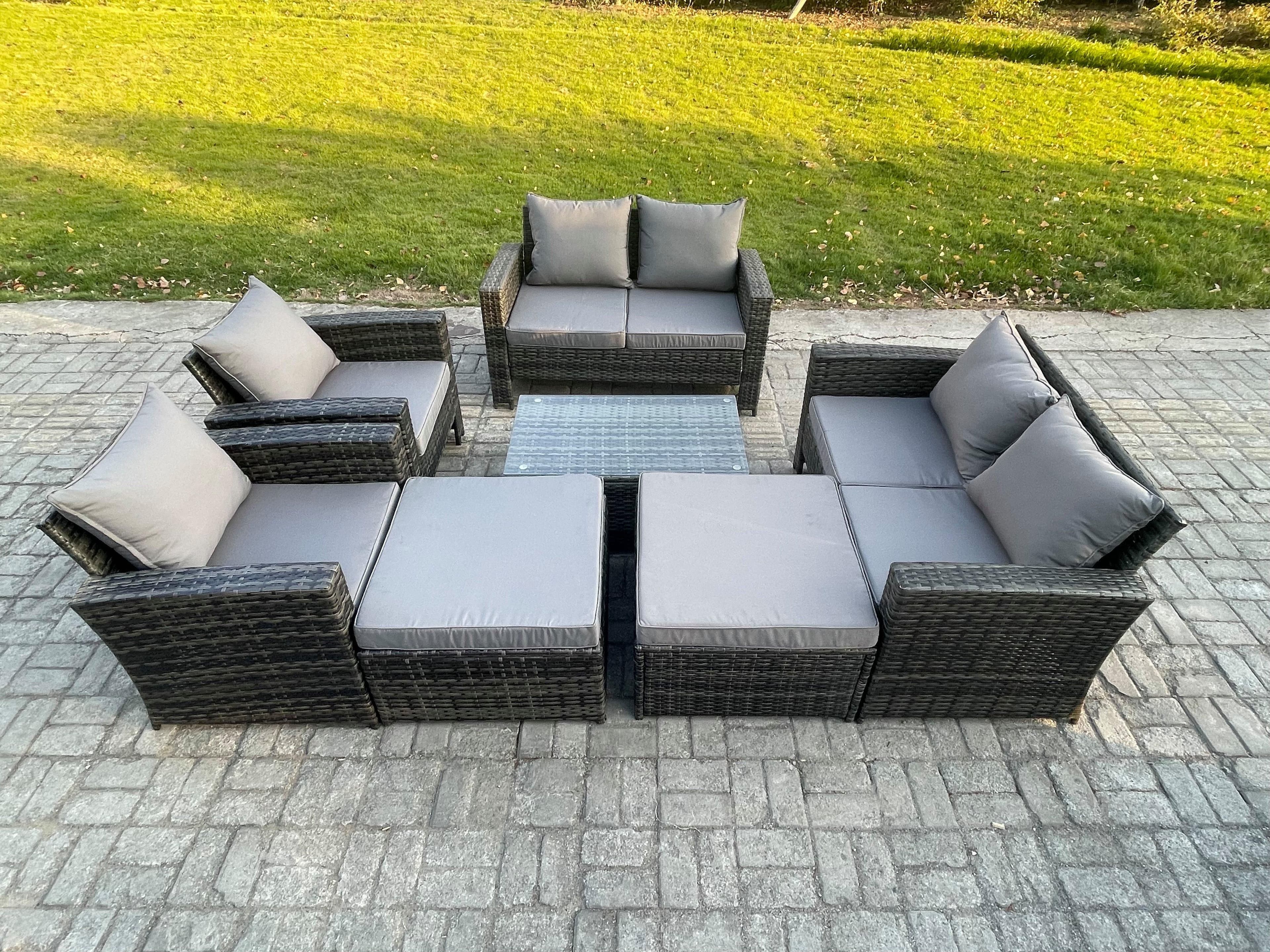 Outdoor Rattan Garden Furniture Set 8 Seater Patio Lounge Sofa Set Coffee Table 2 Big Footstool Dark Grey Mixed