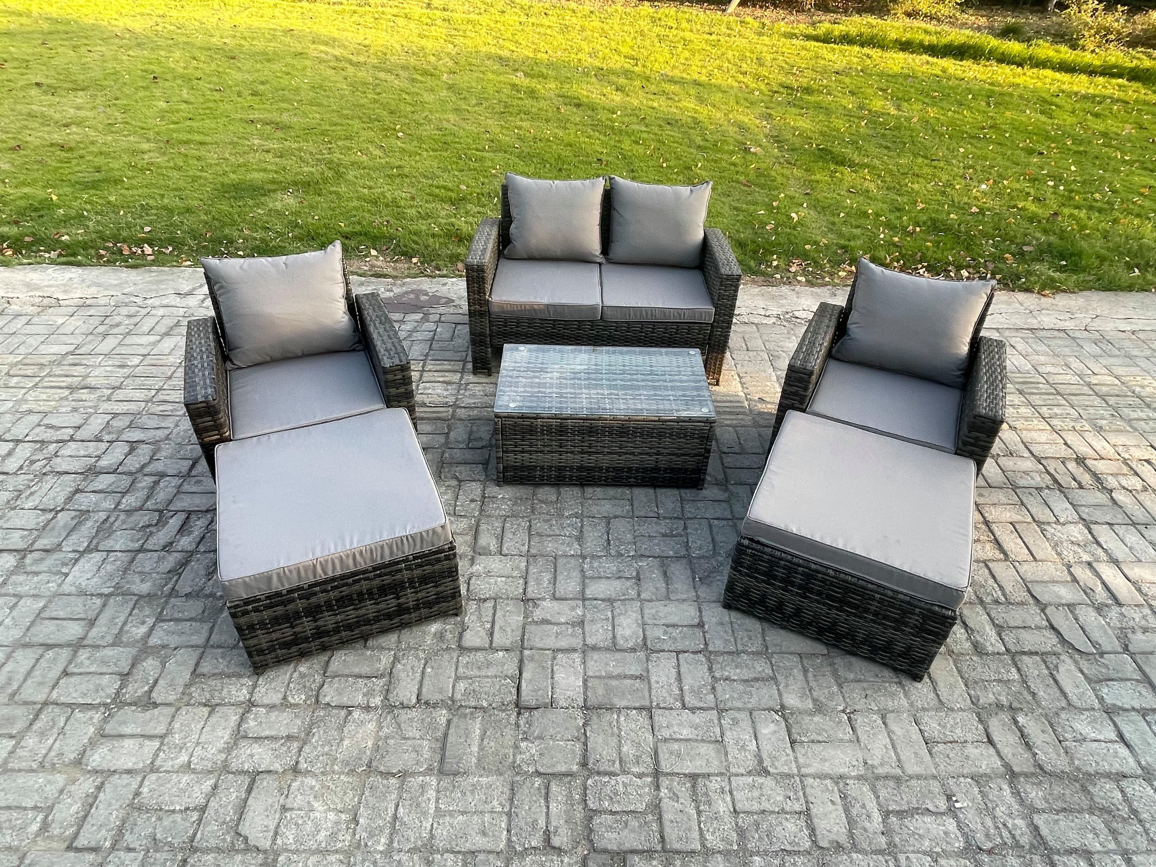 Outdoor Rattan Garden Furniture Set 6 Seater Patio Lounge Sofa Set Coffee Table 2 Big Footstool Dark Grey Mixed