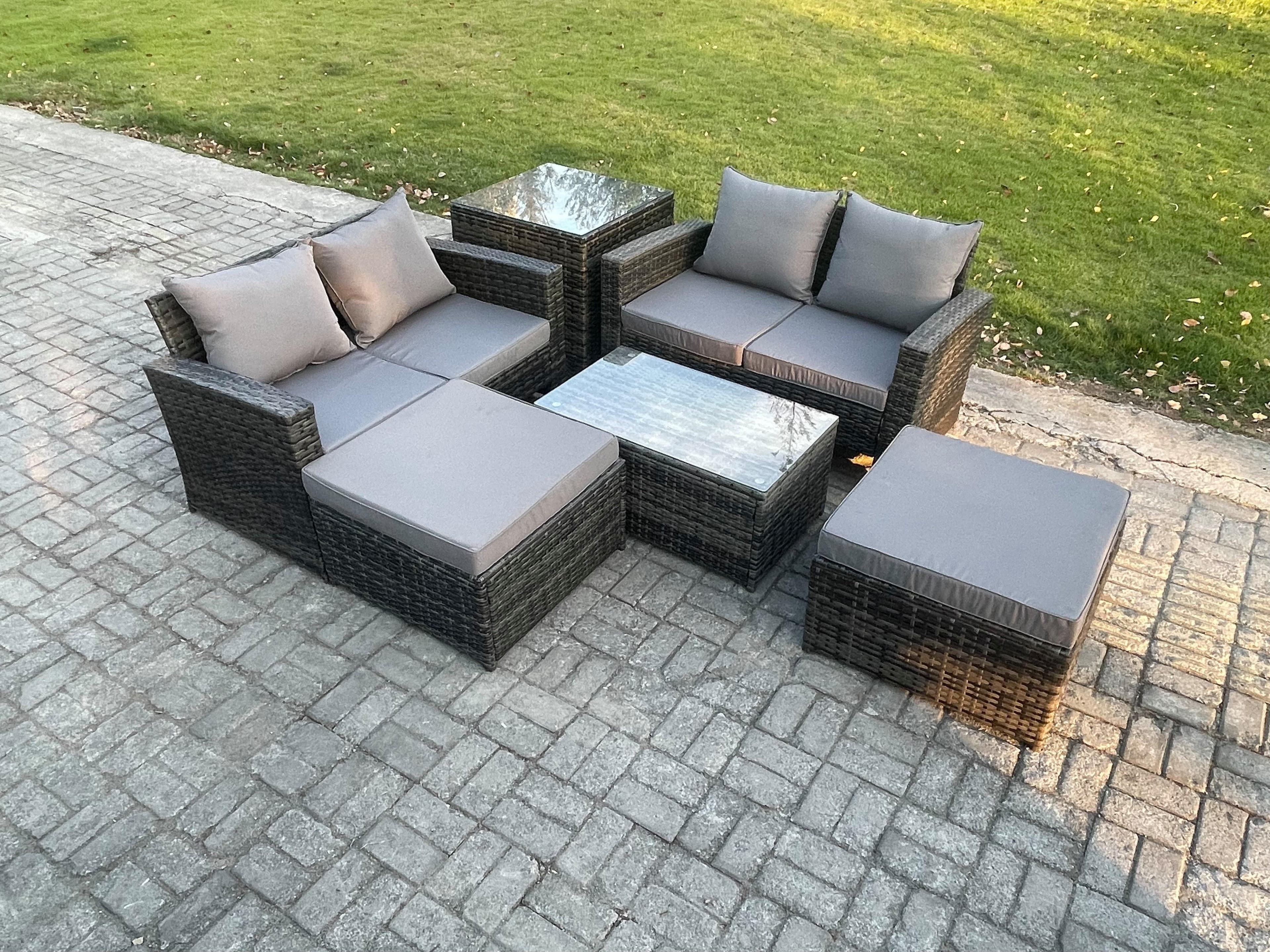 Outdoor Rattan Garden Furniture Set 6 Seater Patio Lounge Sofa Set Side Table Coffee Table 2 Big Footstool Dark Grey Mixed