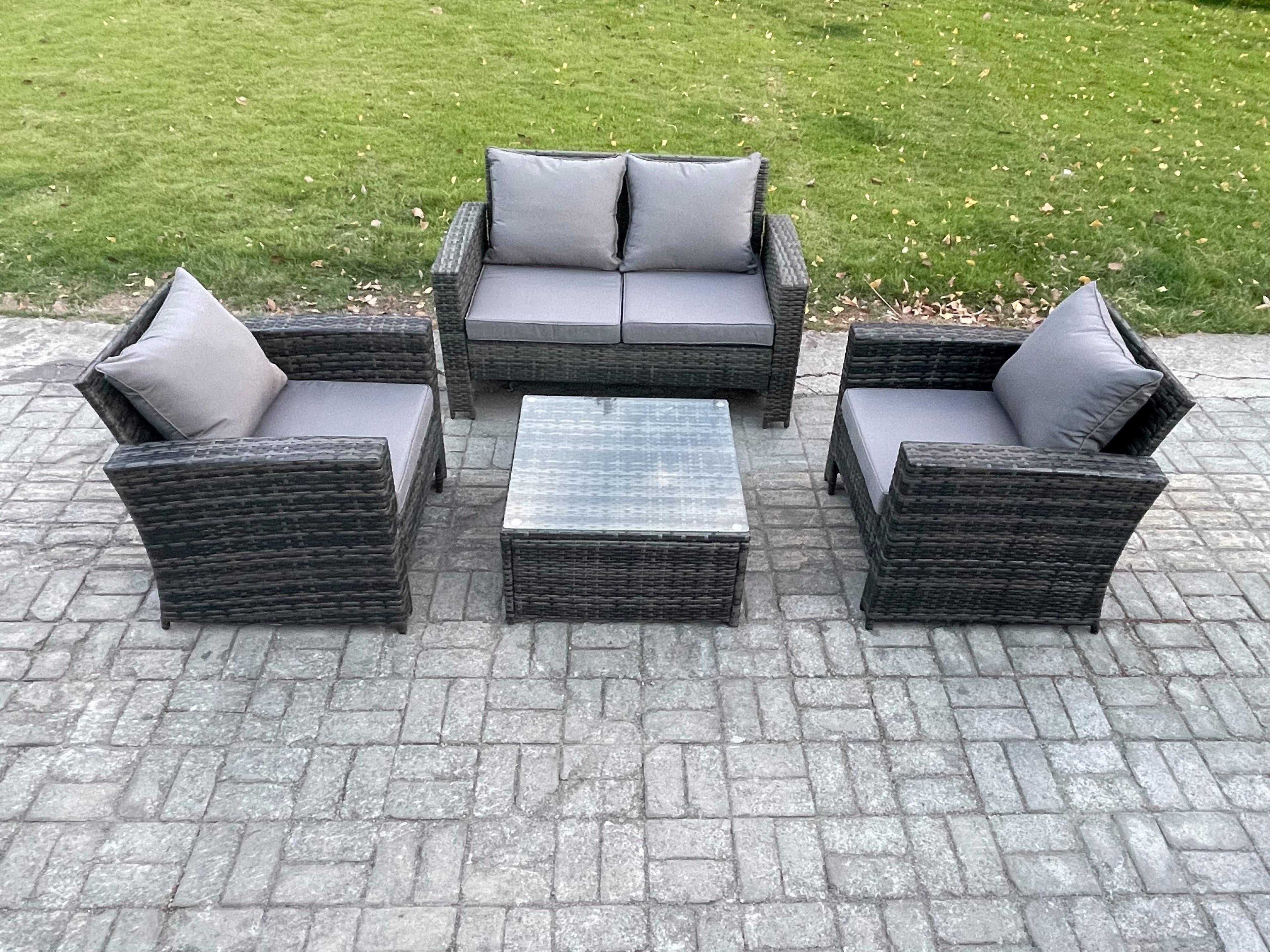 4 PCS Outdoor Lounge Sofa Set Wicker PE Rattan Garden Furniture Set Armchair Squar Coffee Table