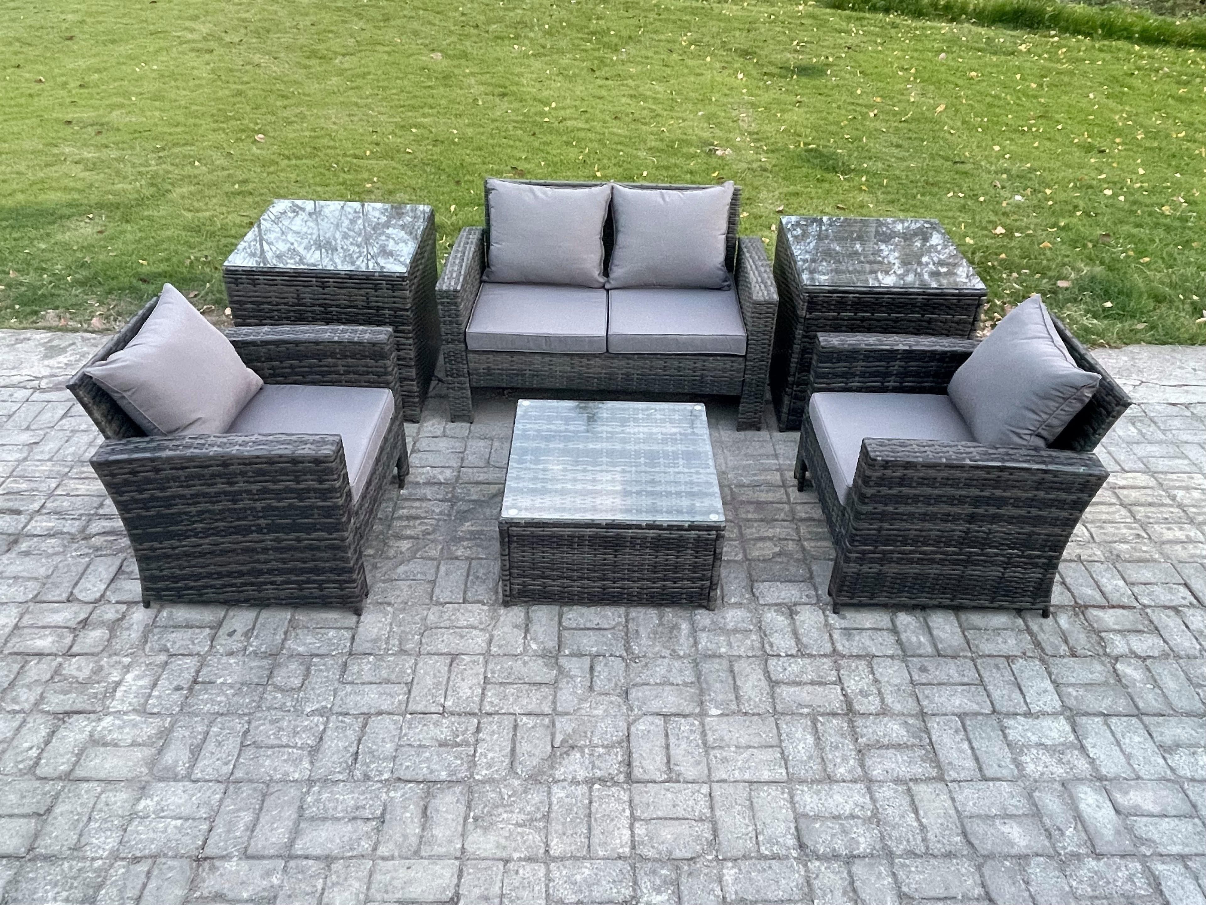 Outdoor Lounge Sofa Set Wicker PE Rattan Garden Furniture Set Armchair Squar Coffee Table 2 Side Tables