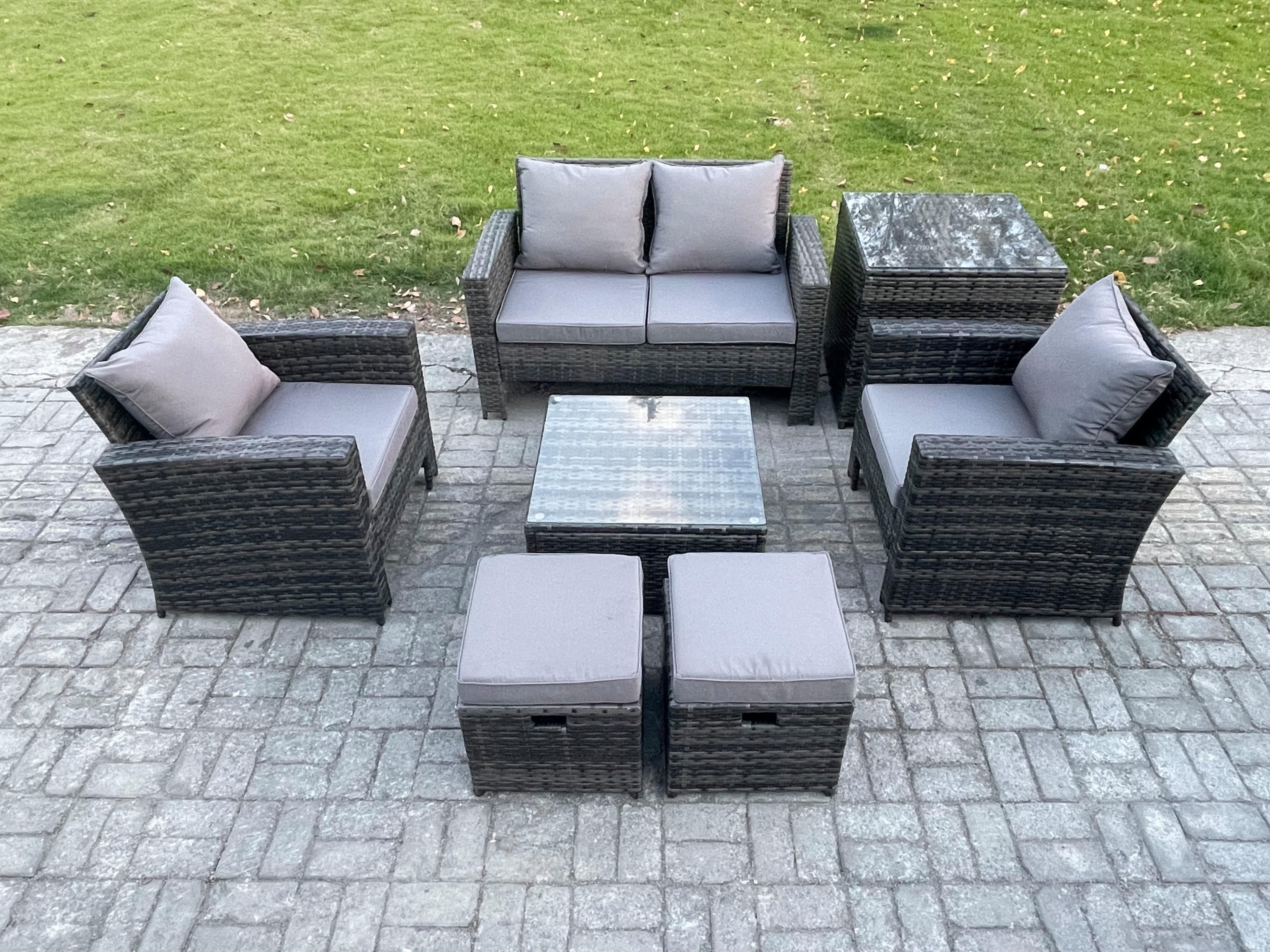 Outdoor Lounge Sofa Set Wicker PE Rattan Garden Furniture Set Armchair Square Coffee Table Double Seat Sofa Side Table