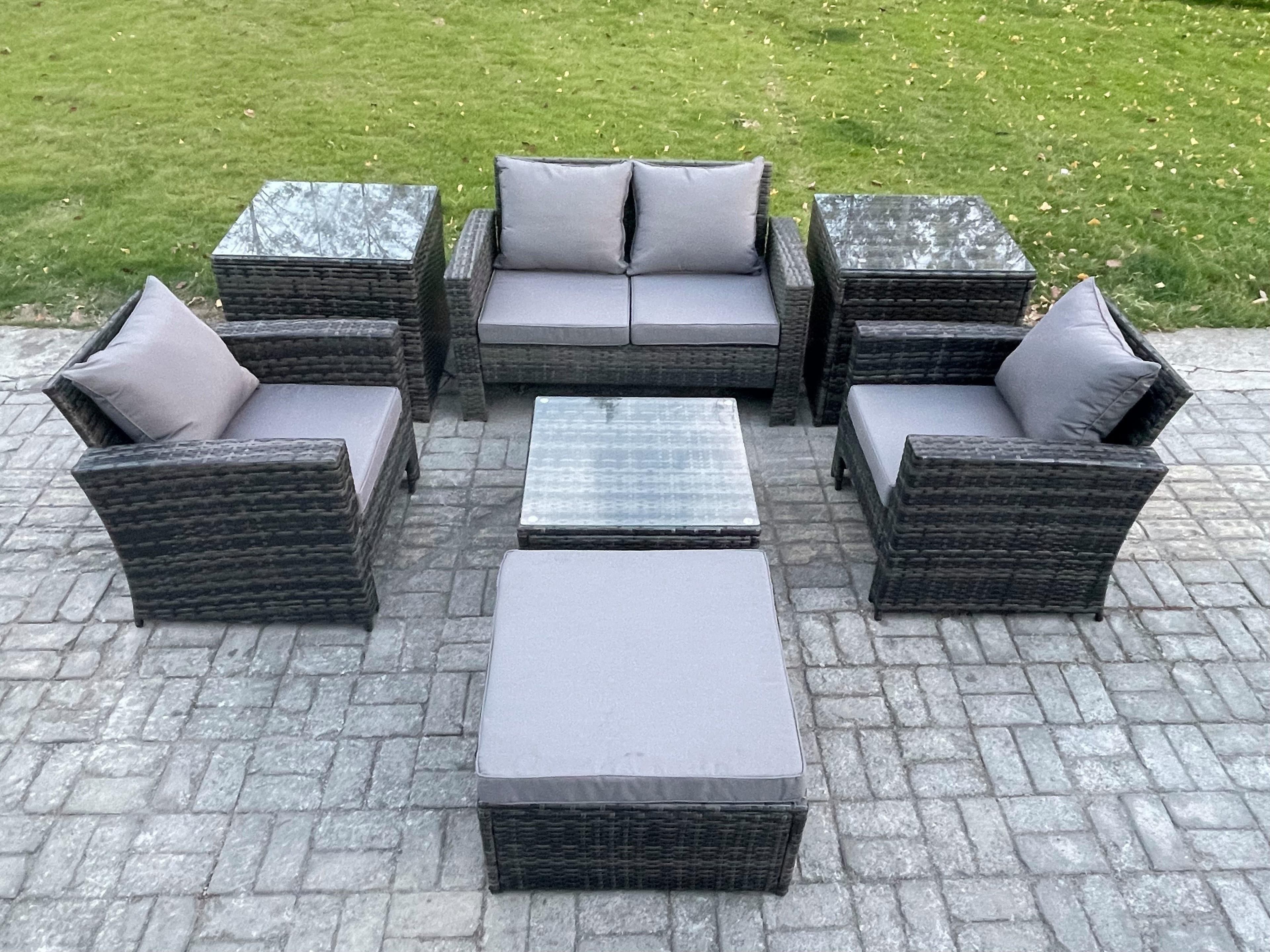 5 Seater Outdoor Garden Furniture High Back Rattan Sofa Set Square Coffee Table Big Footstool Dark Grey Mixed