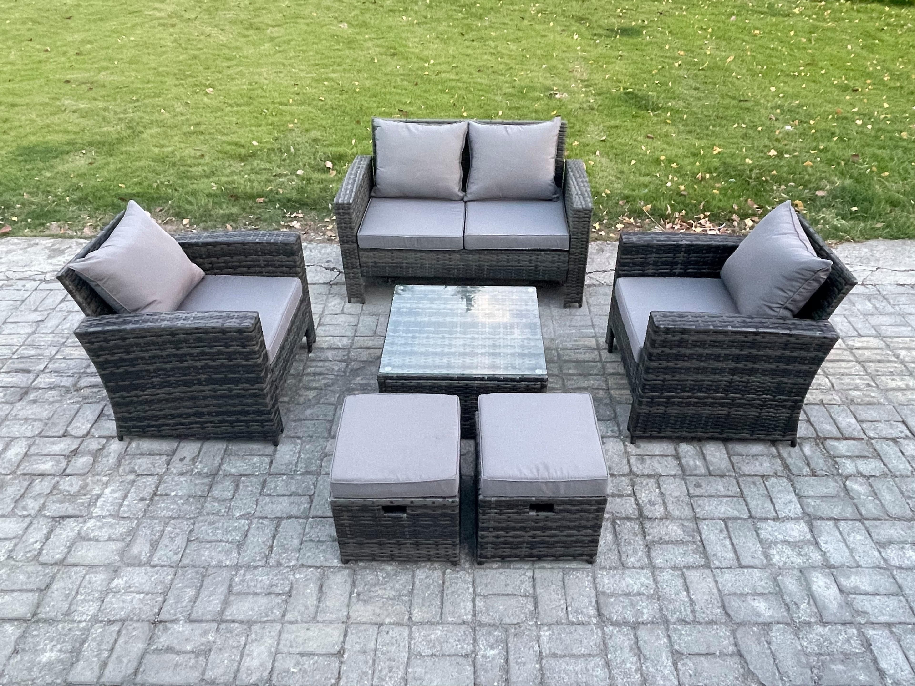 6 Seater Outdoor Garden Furniture High Back Rattan Sofa Set Square Coffee Table 2 Small Footstools Dark Grey Mixed
