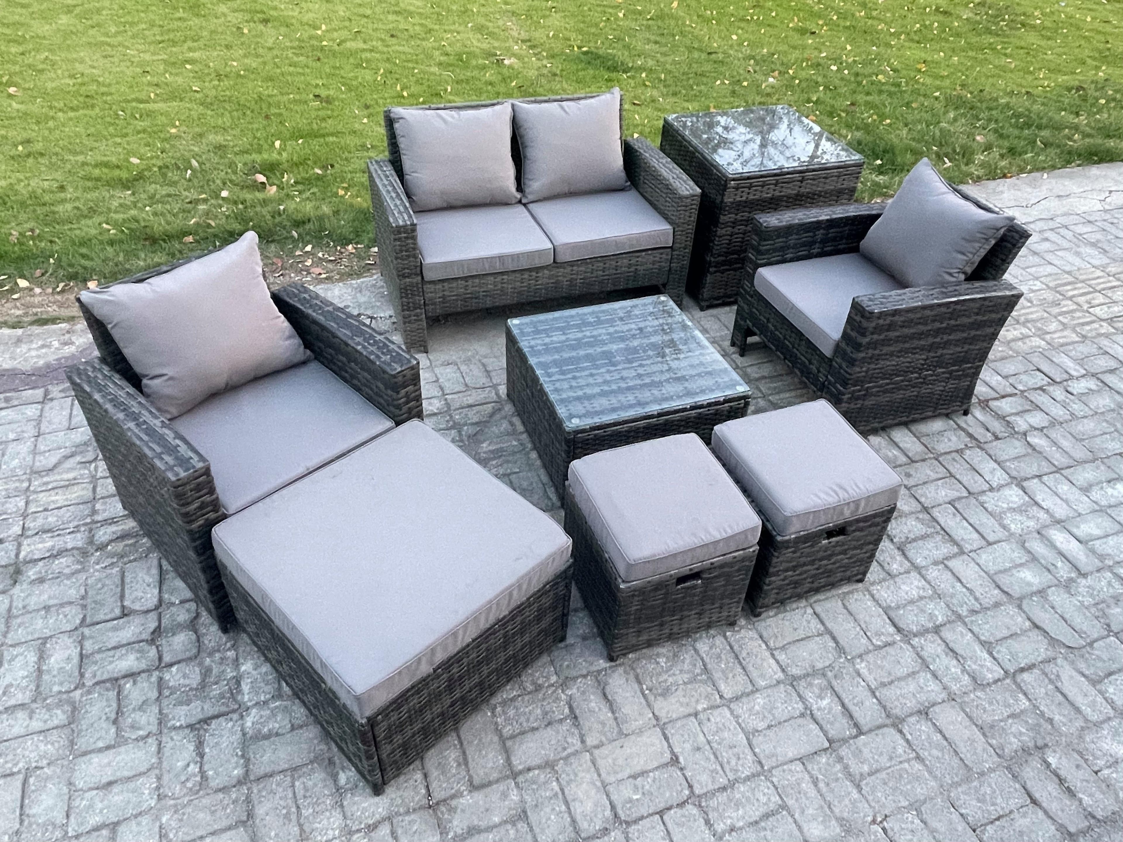 Rattan Garden Furniture Patio Conservatory Sofa Set Square Coffee Table Armchair 2 Seater Sofa 3 Footstools