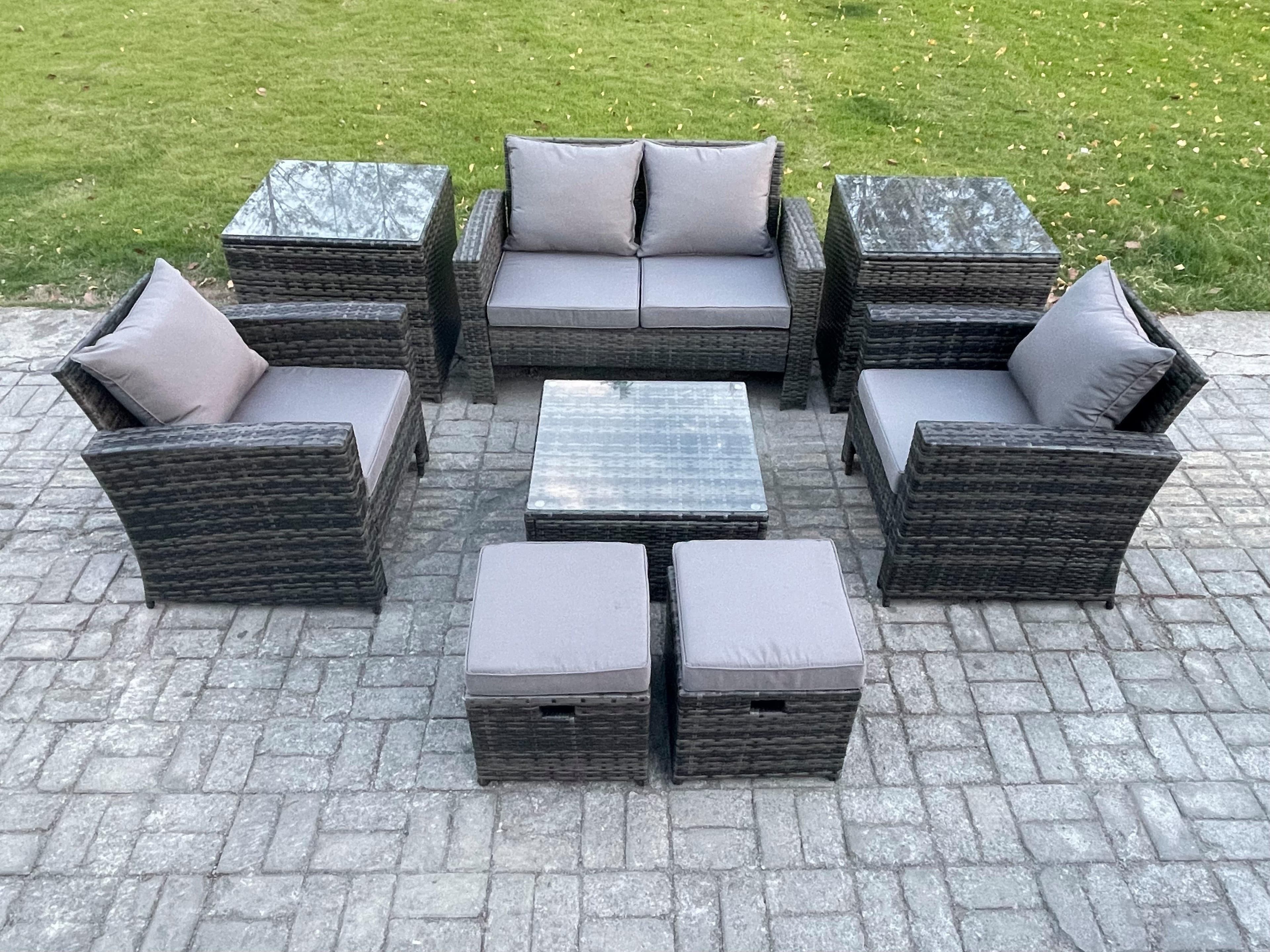 Rattan Wicker Garden Furniture Patio Conservatory Sofa Set Square Coffee Table Armchair 2 Small Footstools