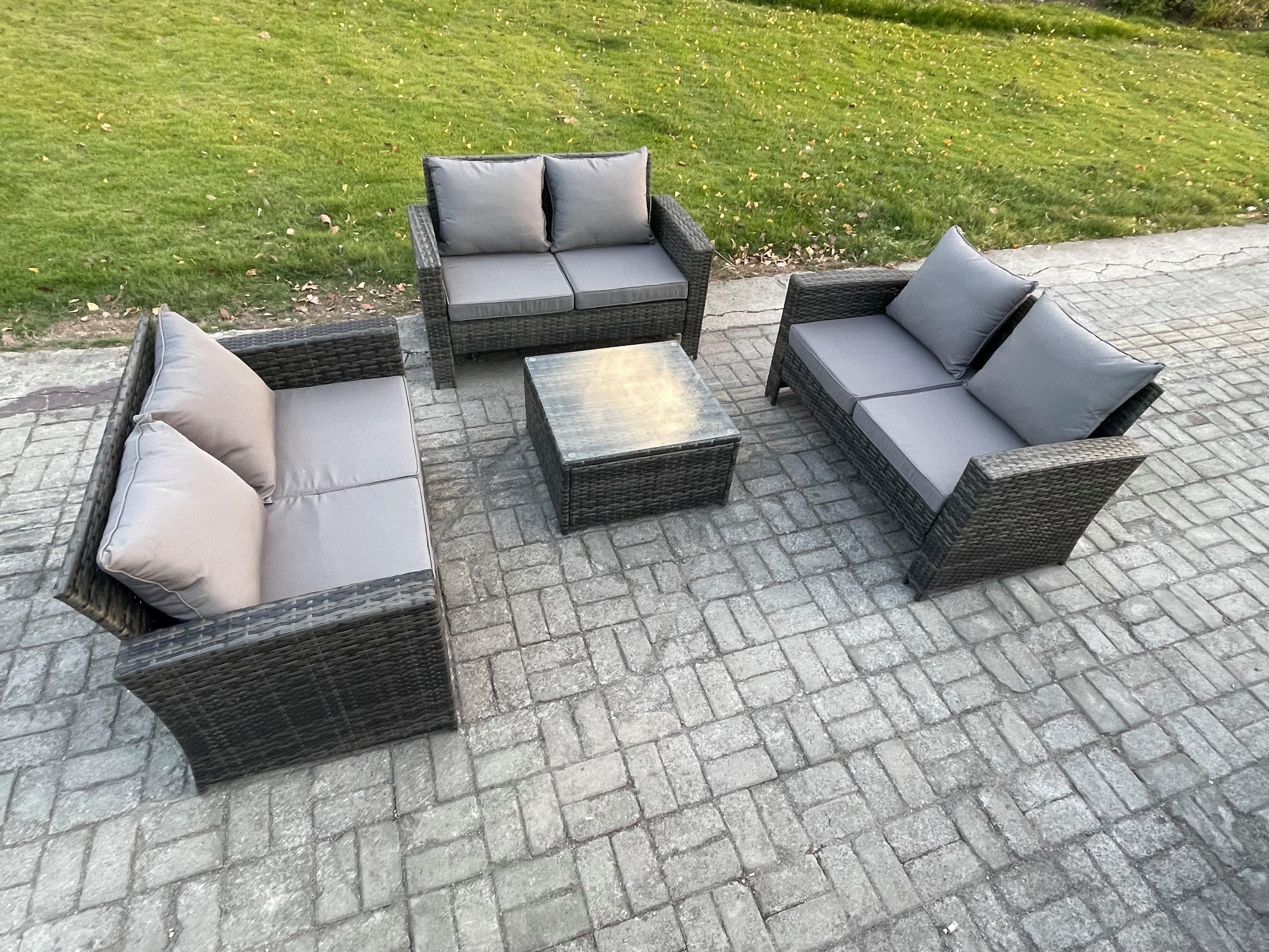 6 Seater Rattan Wicker Garden Furniture Patio Conservatory Sofa Set Square Coffee Table Double Seat Sofa