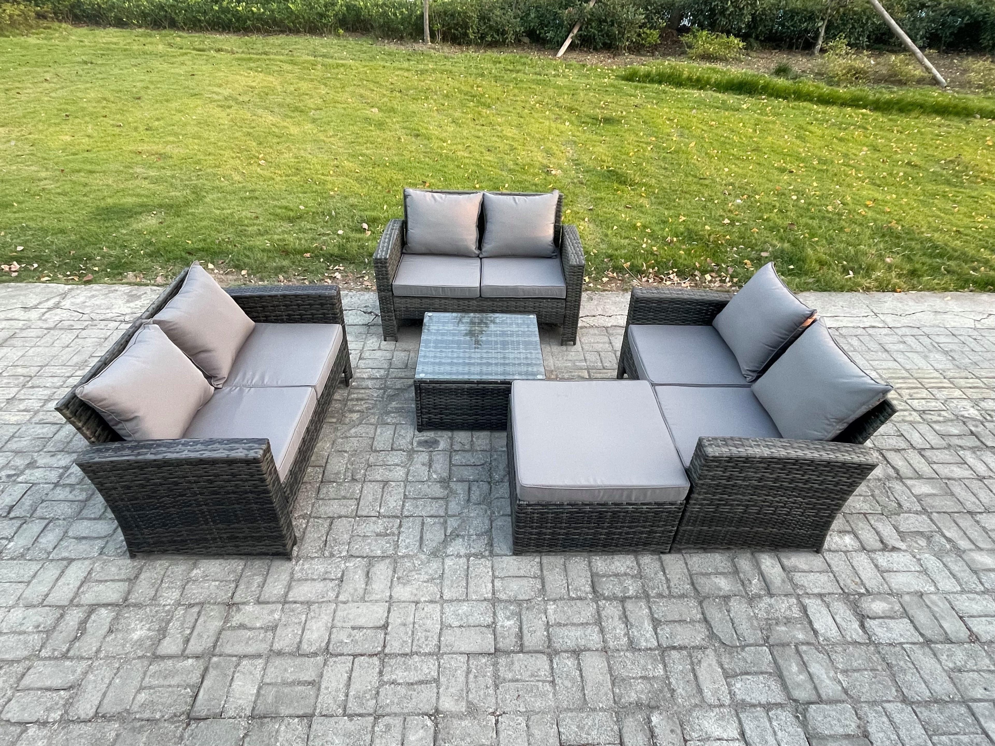 7 Seater Rattan Wicker Garden Furniture Patio Conservatory Sofa Set Square Coffee Table Double Seat Sofa Big Footstool