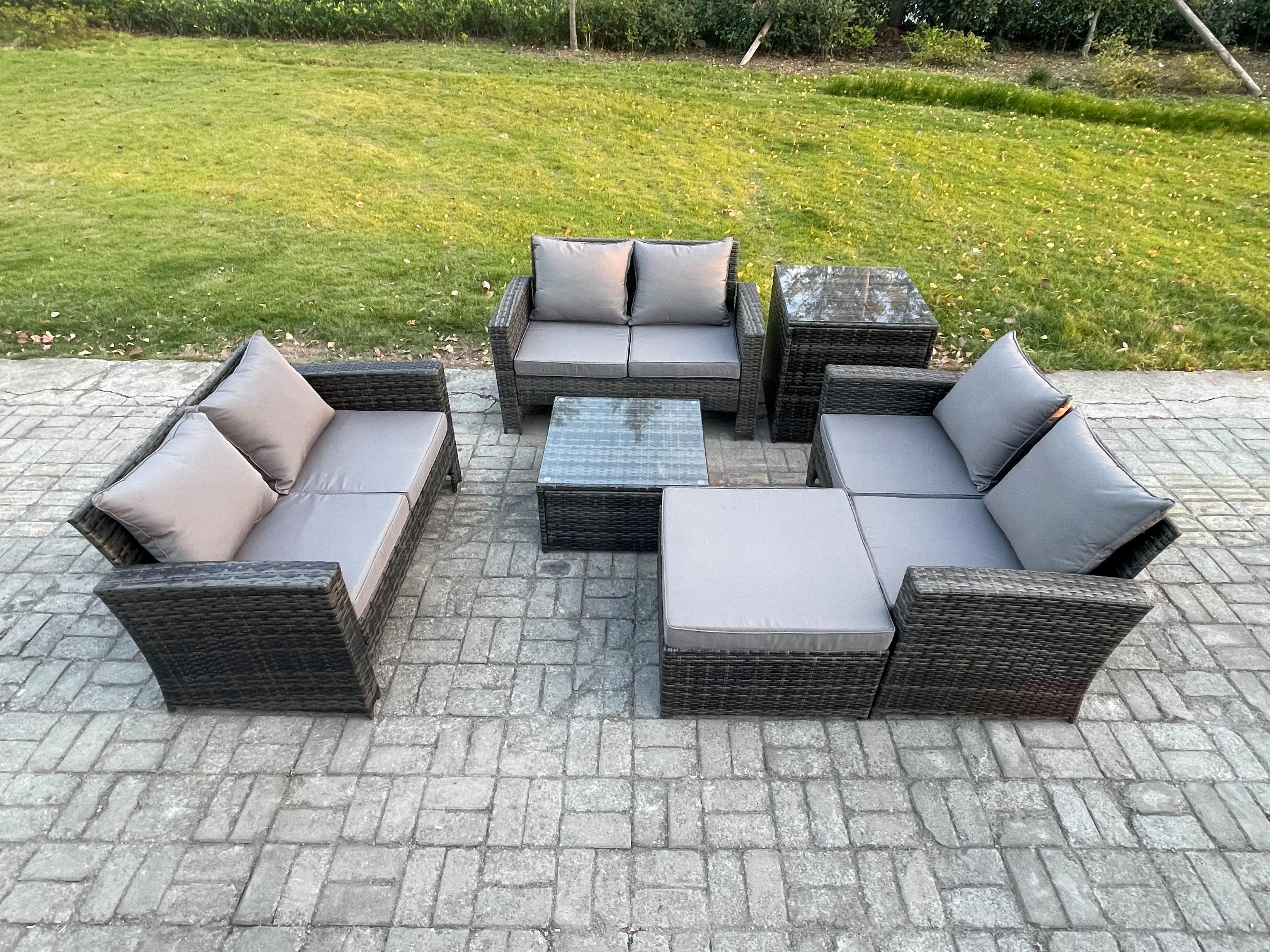 Rattan Wicker Garden Furniture Patio Conservatory Sofa Set Square Coffee Table Double Seat Sofa Big Footstool