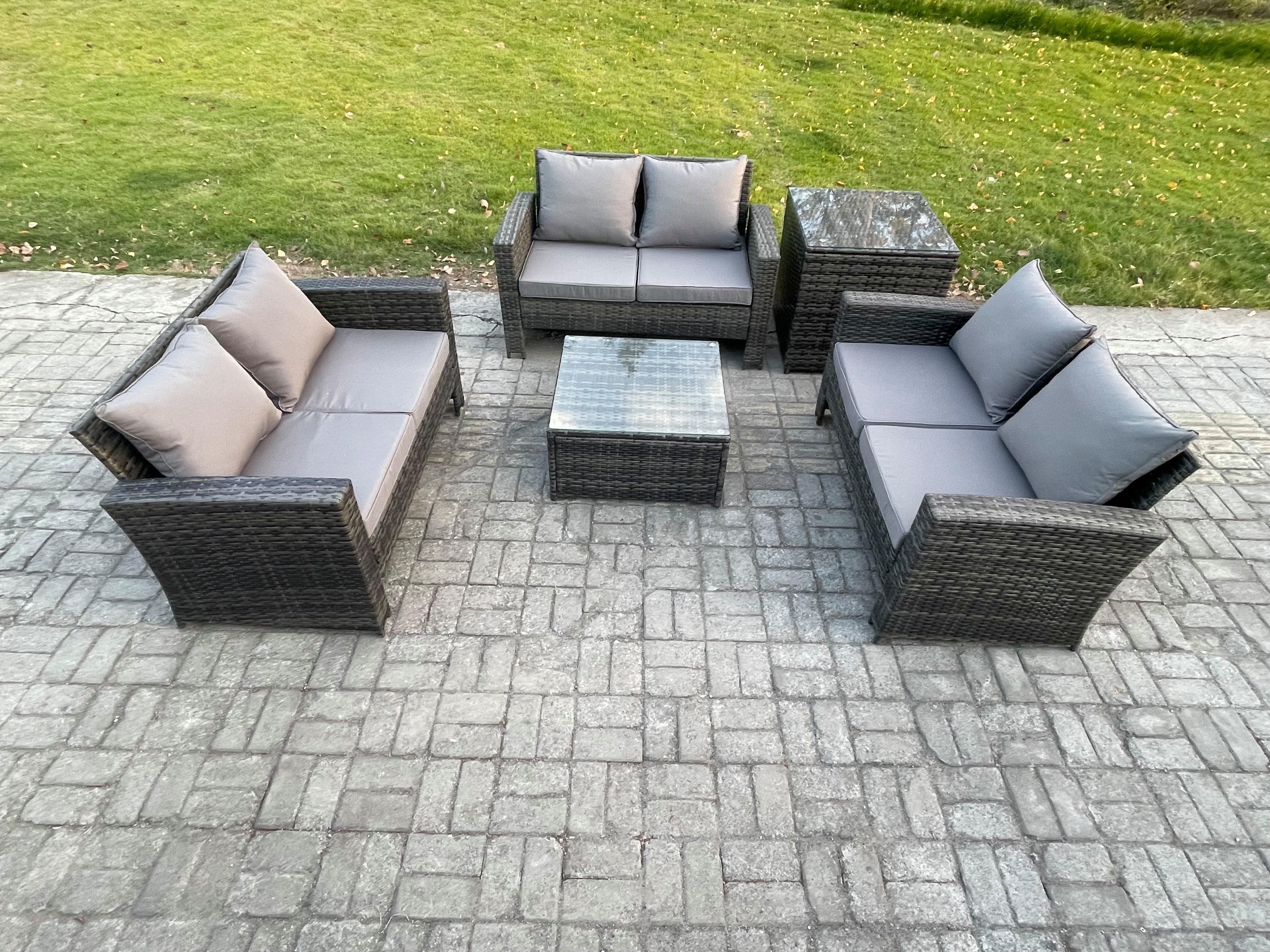6 Seater Rattan Wicker Garden Furniture Patio Conservatory Sofa Set Square Coffee Table Double Seat Sofa Side Table