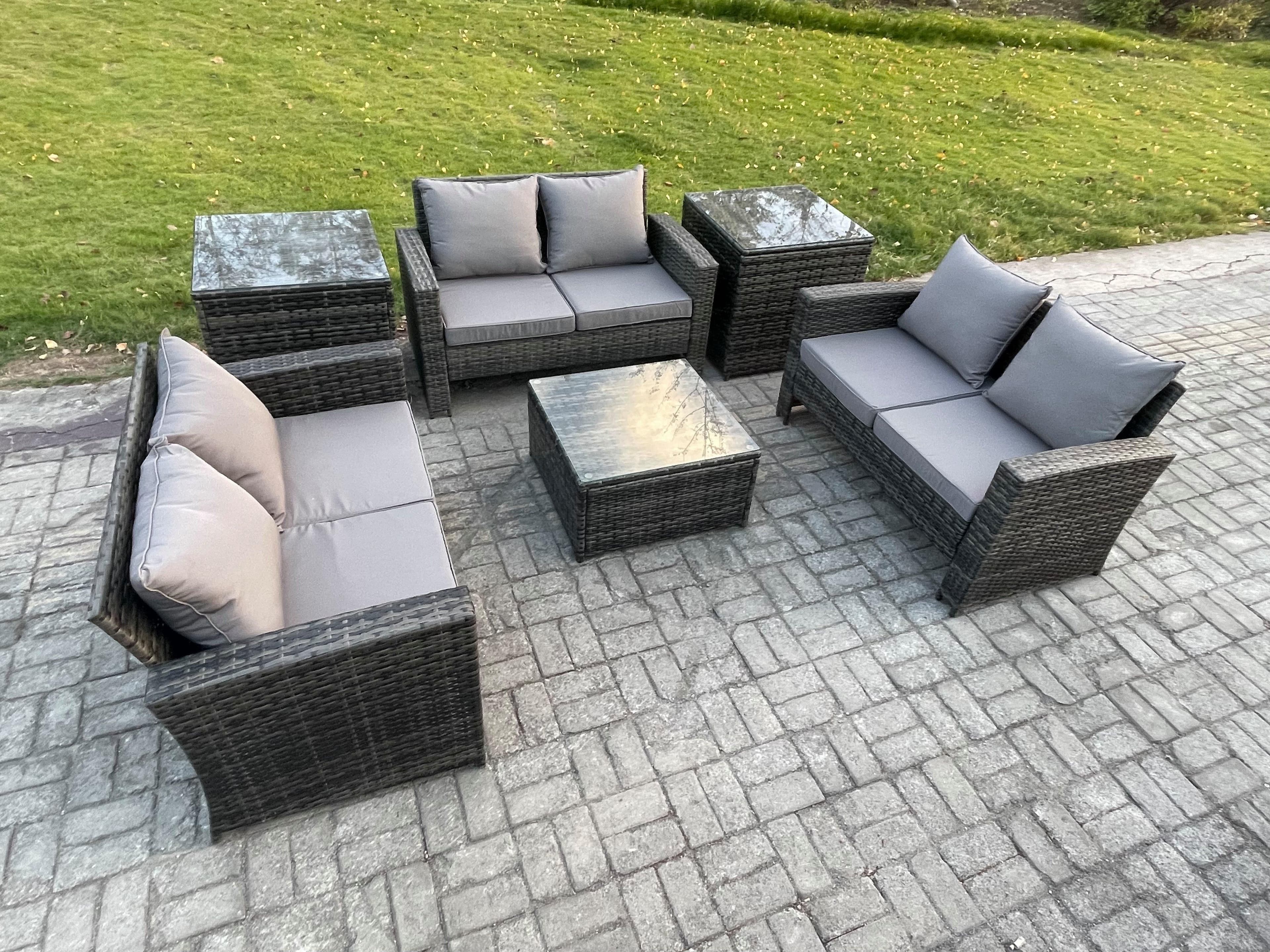 6 PCS Outdoor Lounge Sofa Set Wicker PE Rattan Garden Furniture Set Square Coffee Table Double Seat Sofa 2 Side Tables