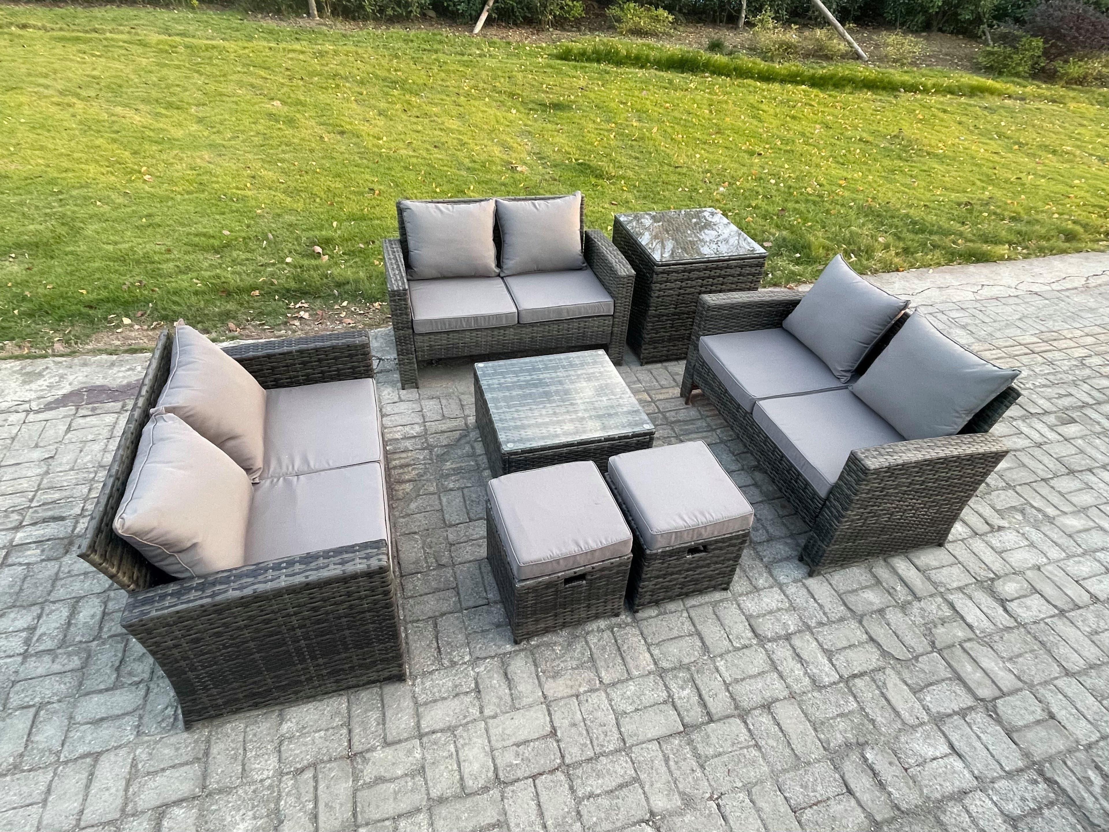 7 PCS Outdoor Lounge Sofa Set Wicker PE Rattan Garden Furniture Set Square Coffee Table Double Seat Sofa Side Table