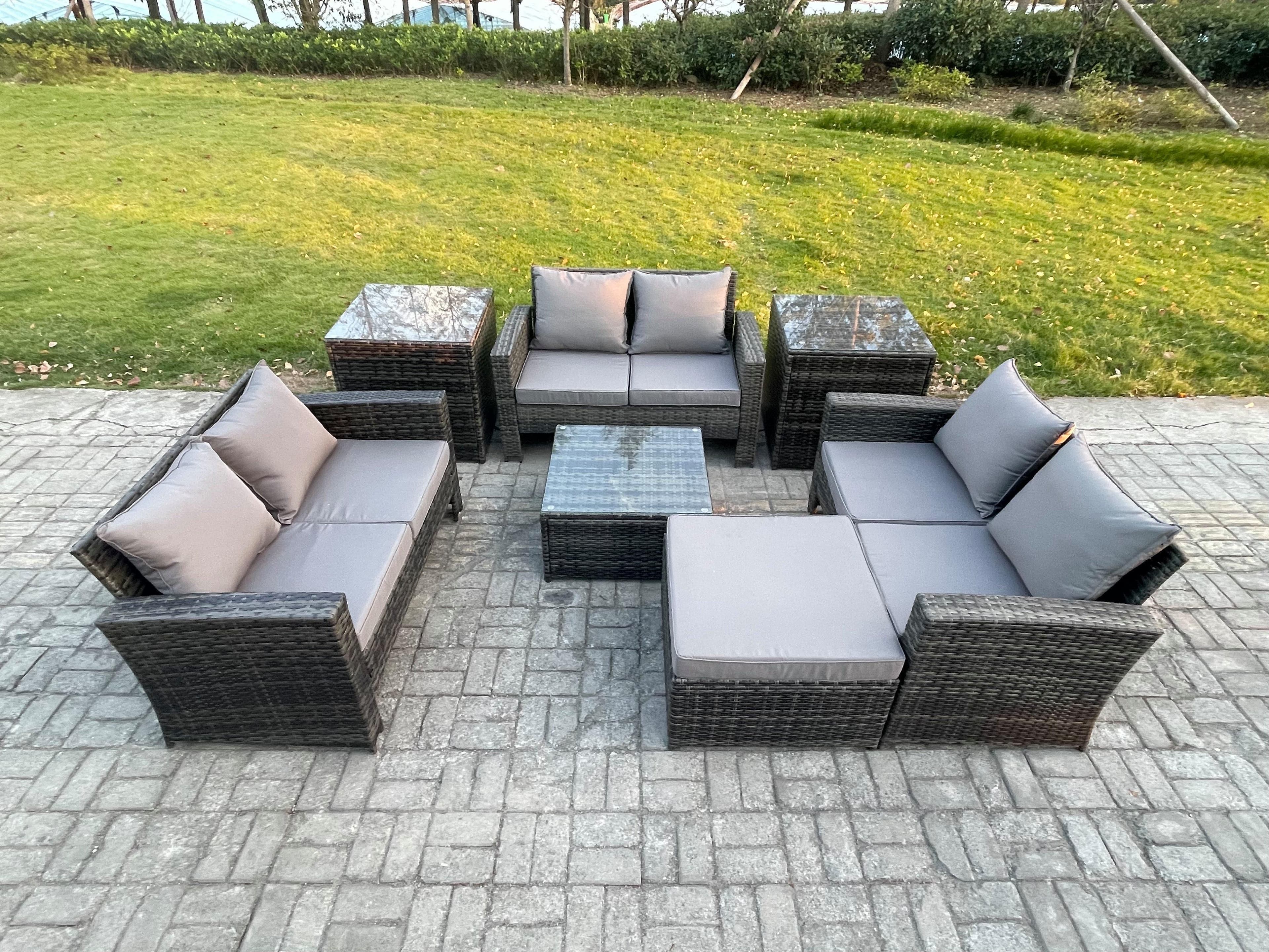7 PCS Outdoor Lounge Sofa Set Wicker PE Rattan Garden Furniture Set Square Coffee Table Double Seat Sofa