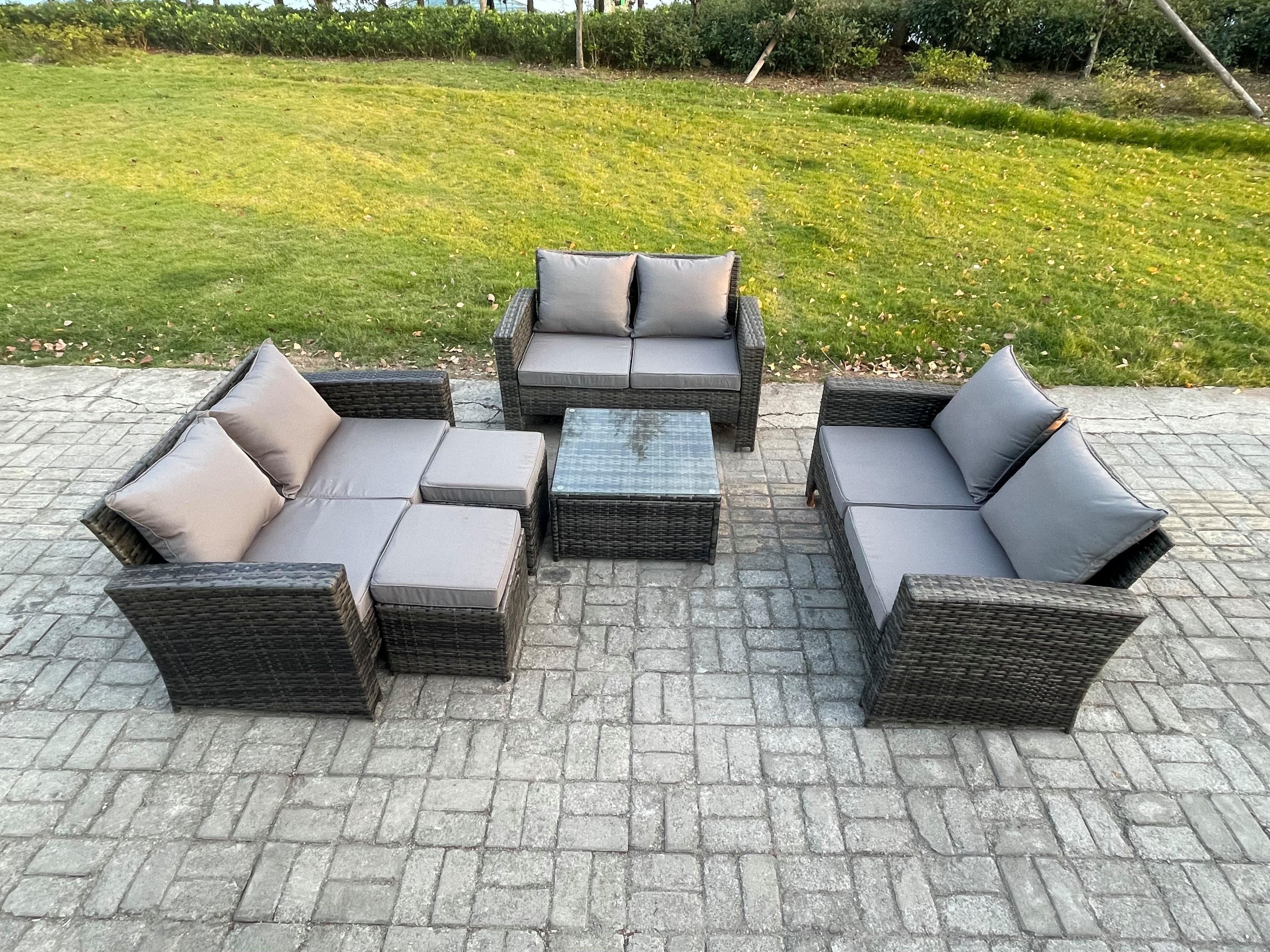 Outdoor Lounge Sofa Set Wicker PE Rattan Garden Furniture Set Square Coffee Table Double Seat Sofa