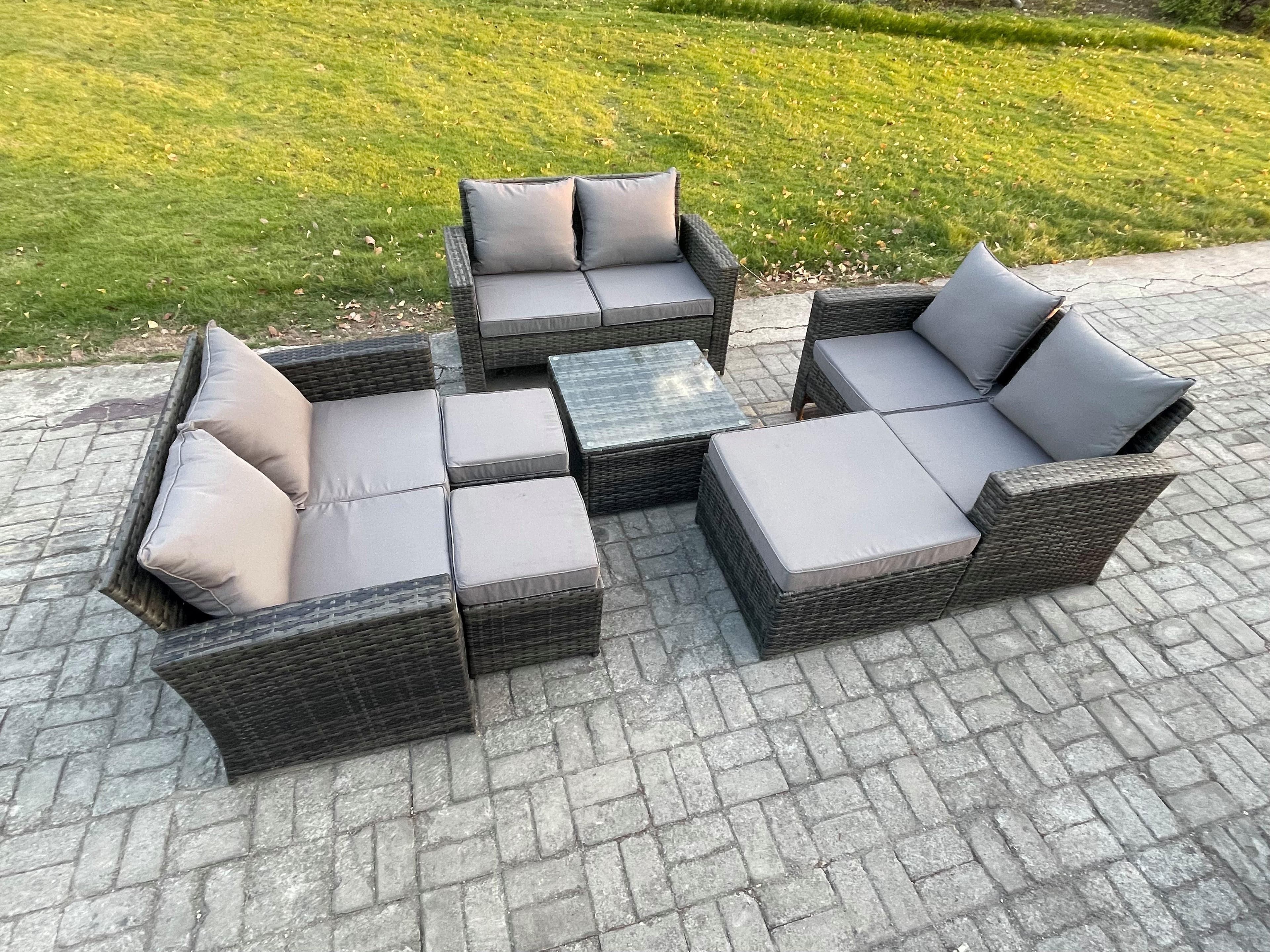 Outdoor Lounge Sofa Set Wicker PE Rattan Garden Furniture Set Square Coffee Table Double Seat Sofa 3 Footstools