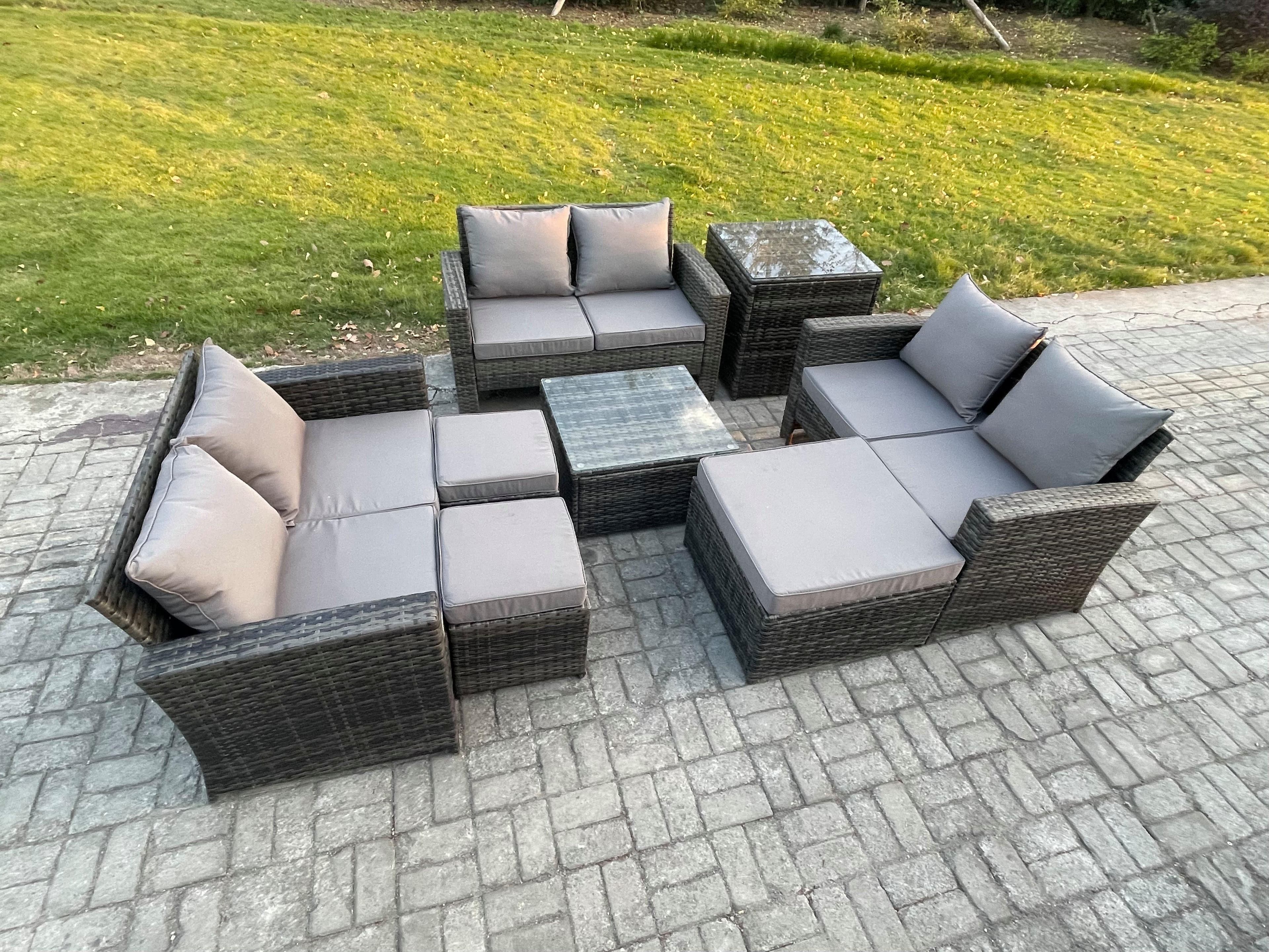 Outdoor Lounge Sofa Set Wicker PE Rattan Garden Furniture Set Square Coffee Table 3 Footstools Side Table