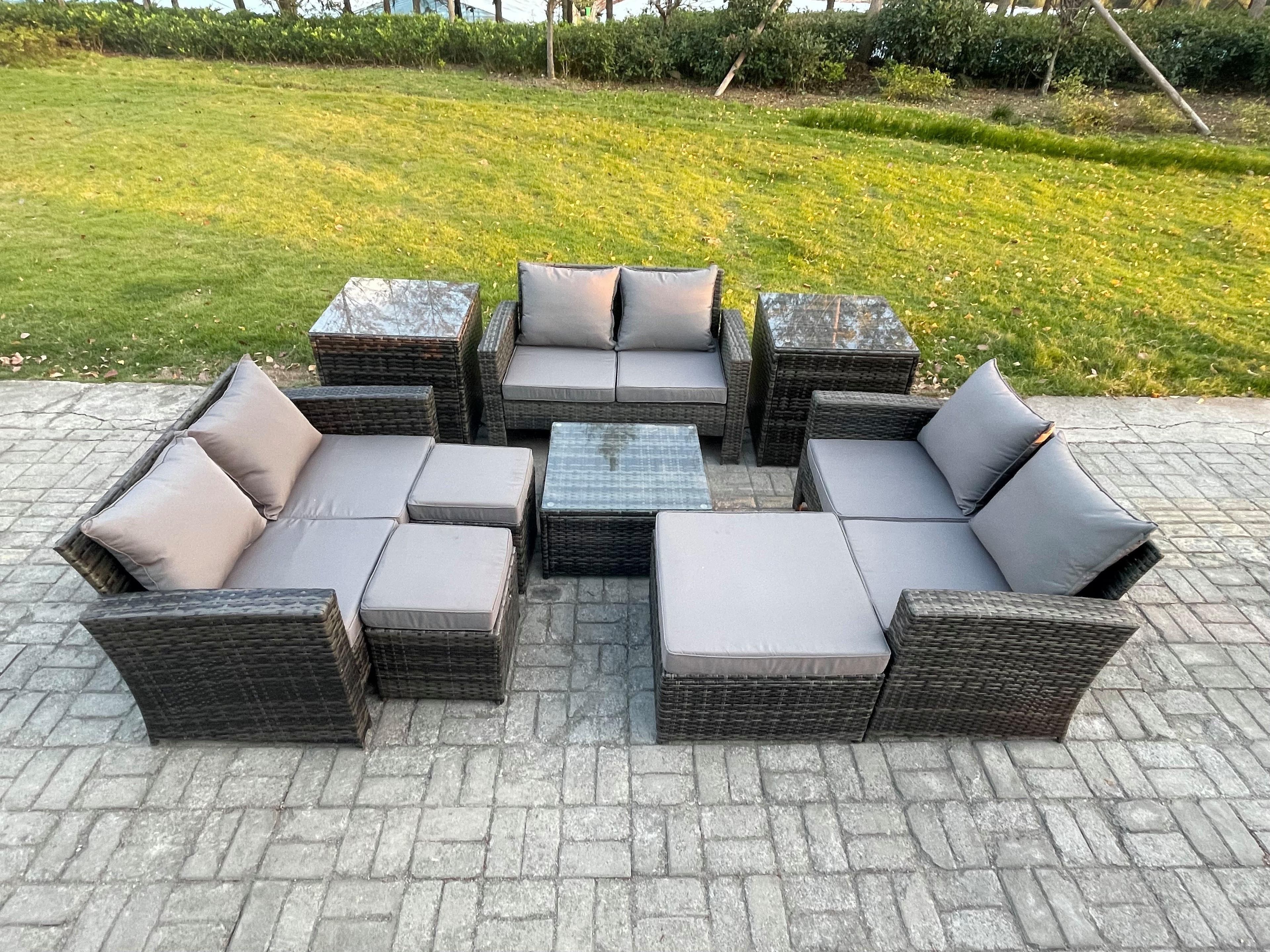 Outdoor Lounge Sofa Set Wicker PE Rattan Garden Furniture Set Square Coffee Table Double Seat Sofa 3 Footstools