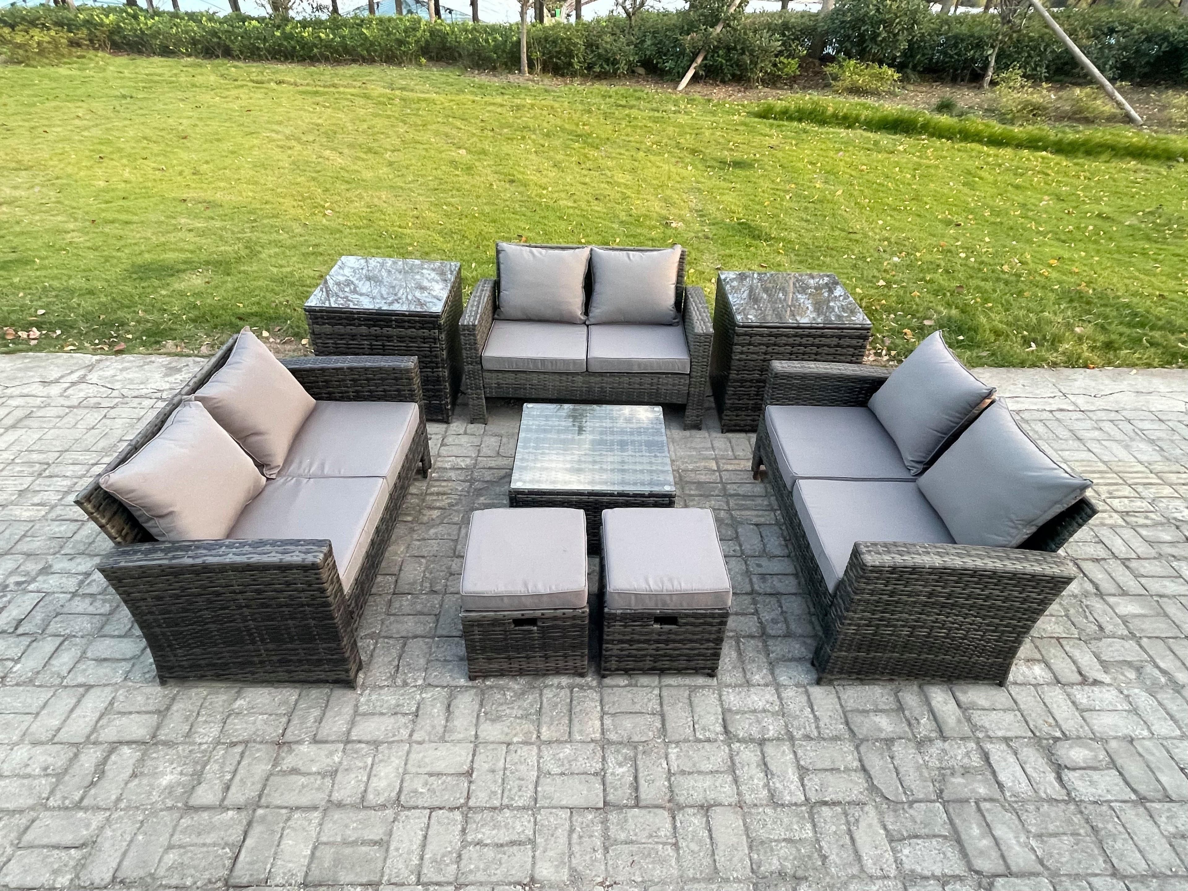 Outdoor Lounge Sofa Set Wicker PE Rattan Garden Furniture Set Square Coffee Table Double Seat Sofa 2 Small Footstools