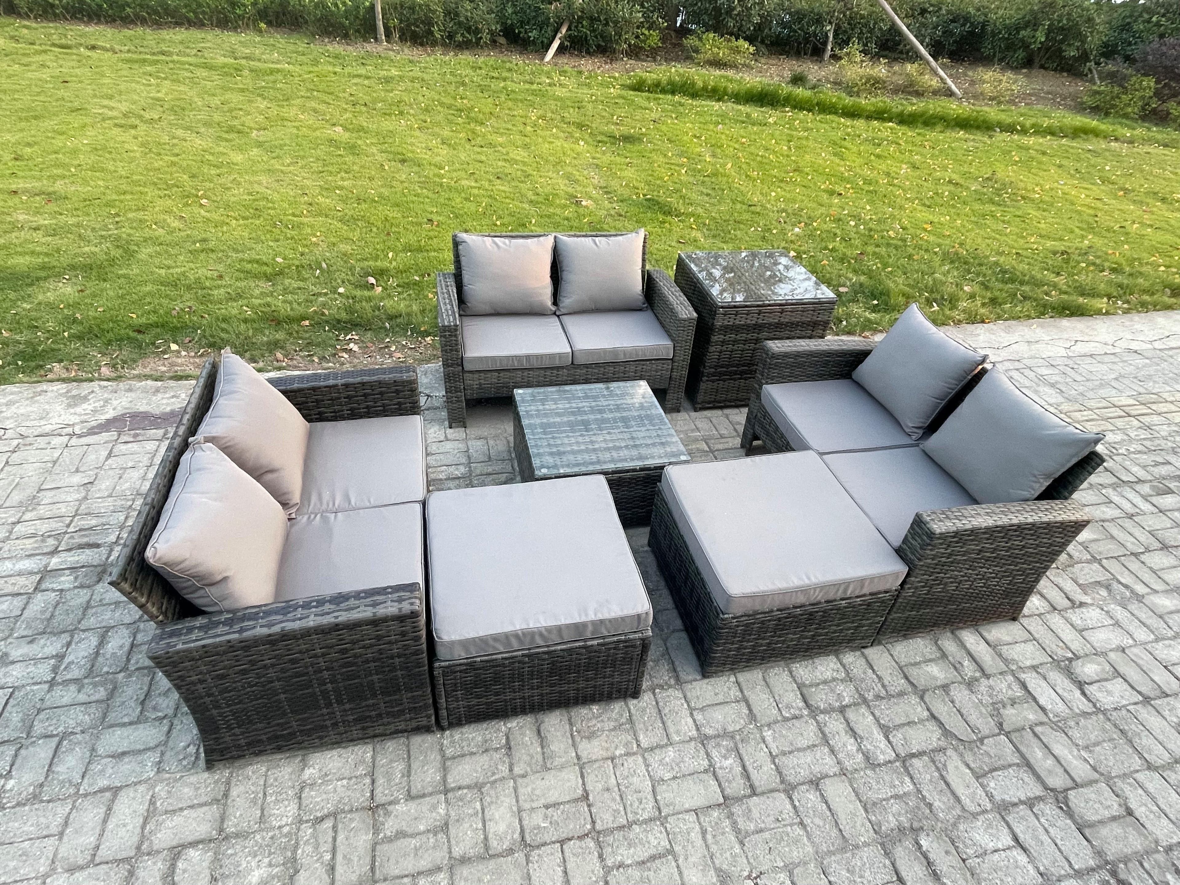 Outdoor Lounge Sofa Set Wicker PE Rattan Garden Furniture Set Square Coffee Table Double Seat Sofa 2 Big Footstool