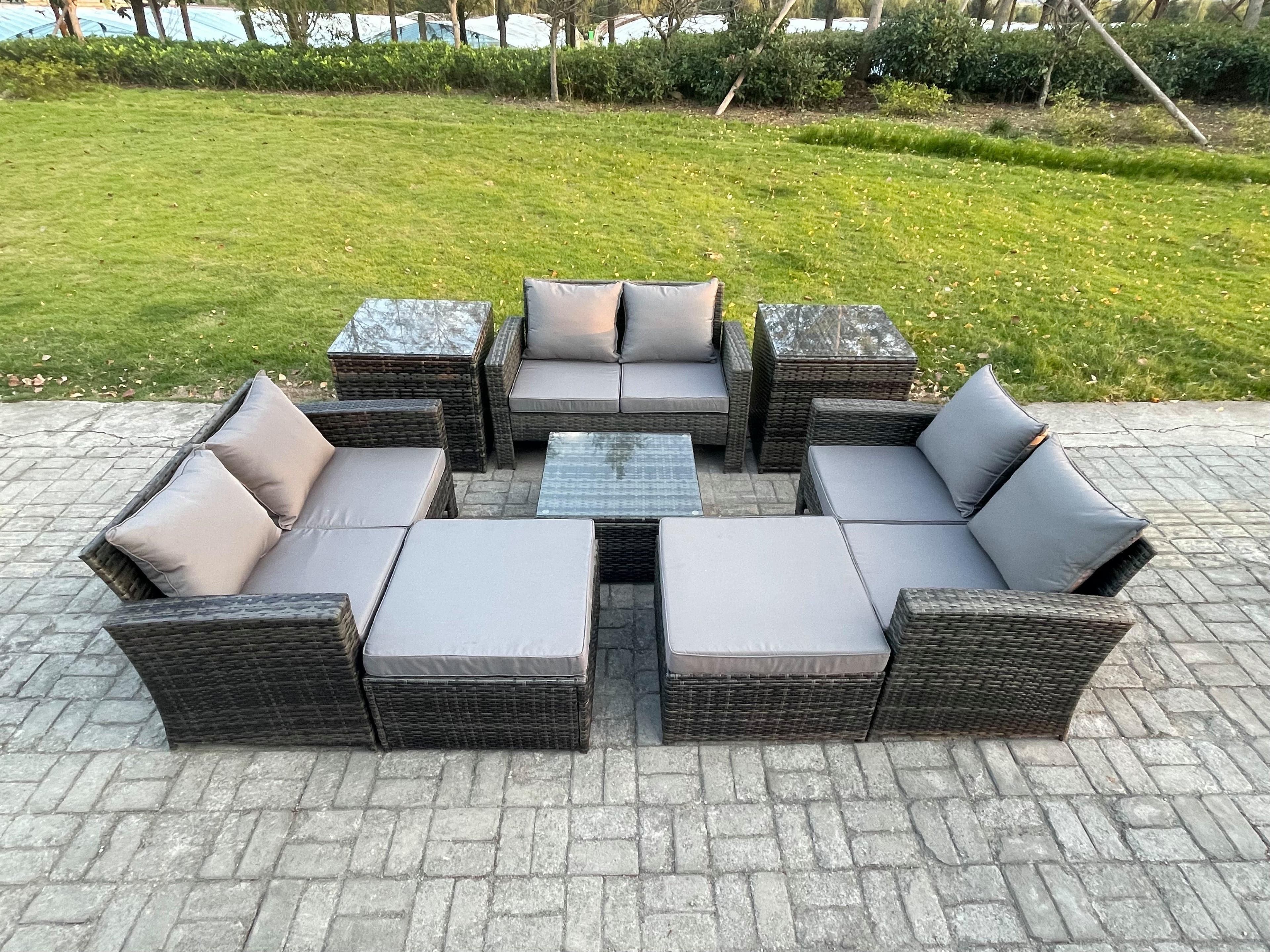 Outdoor Lounge Sofa Set Wicker PE Rattan Garden Furniture Set Square Coffee Table Double Seat Sofa Big Footstool
