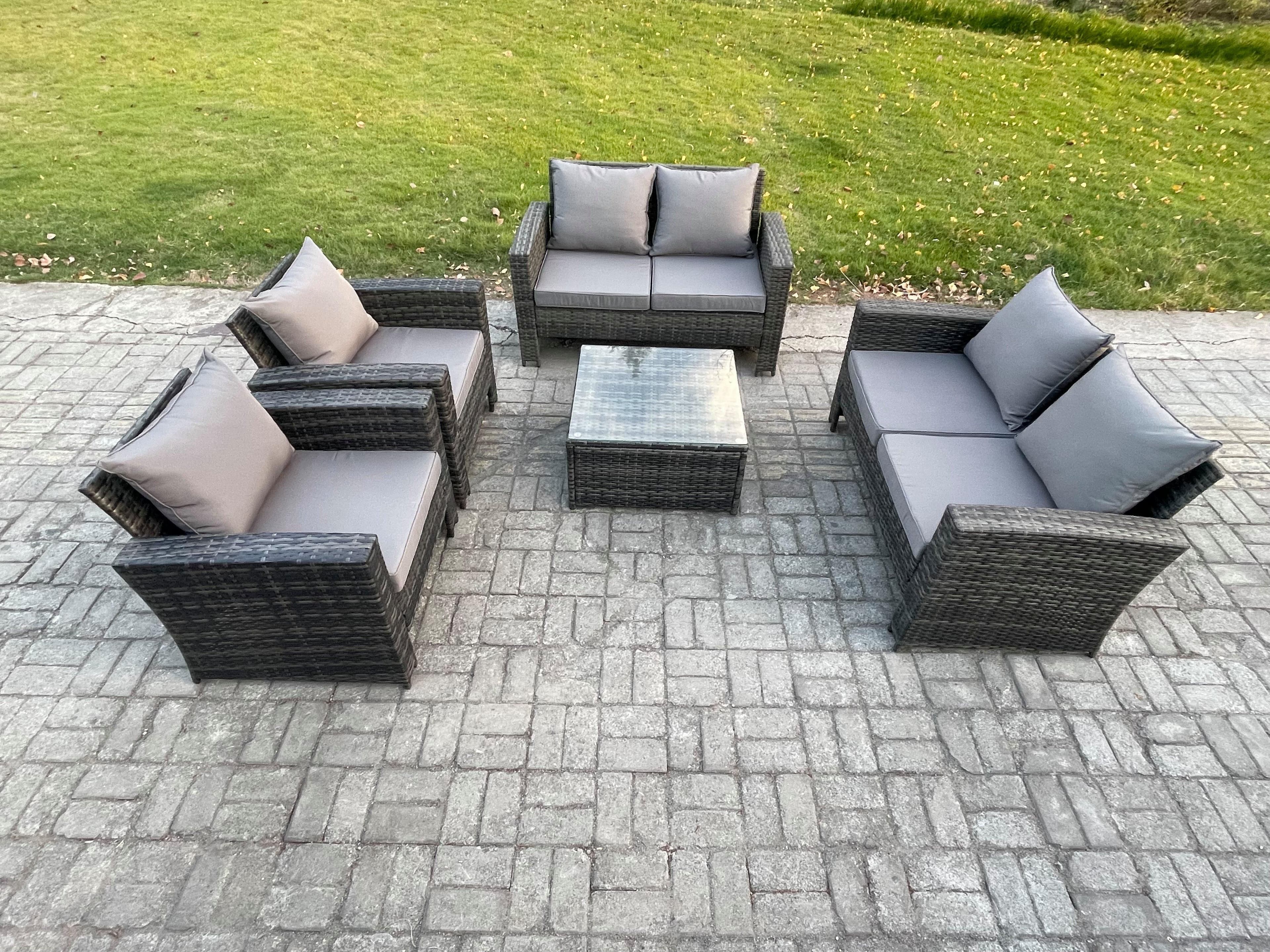 Rattan Garden Furniture Set 6 Seater Patio Outdoor Lounge Sofa Set Square Coffee Table Double Seat Sofa Dark Grey