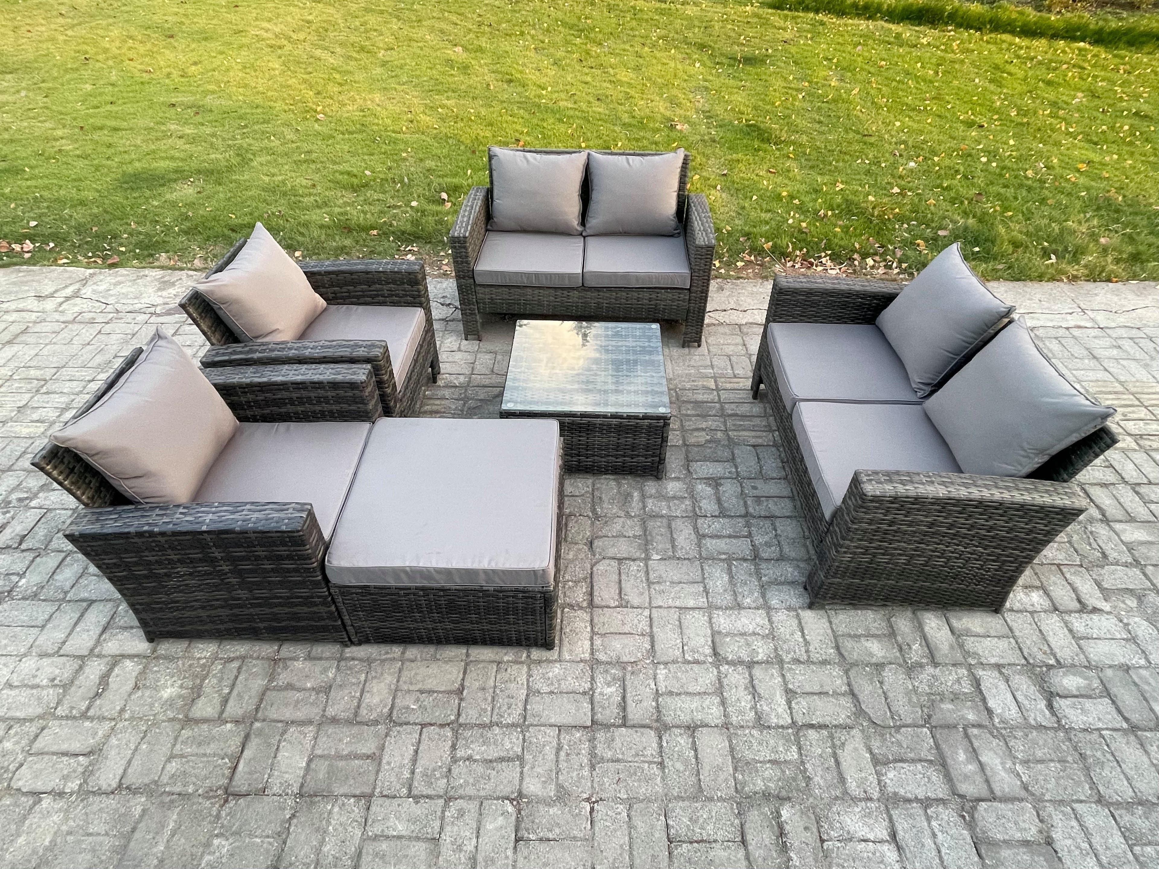 Rattan Garden Furniture Set 7 Seater Patio Outdoor Lounge Sofa Set Square Coffee Table Double Seat Sofa Big Footstool