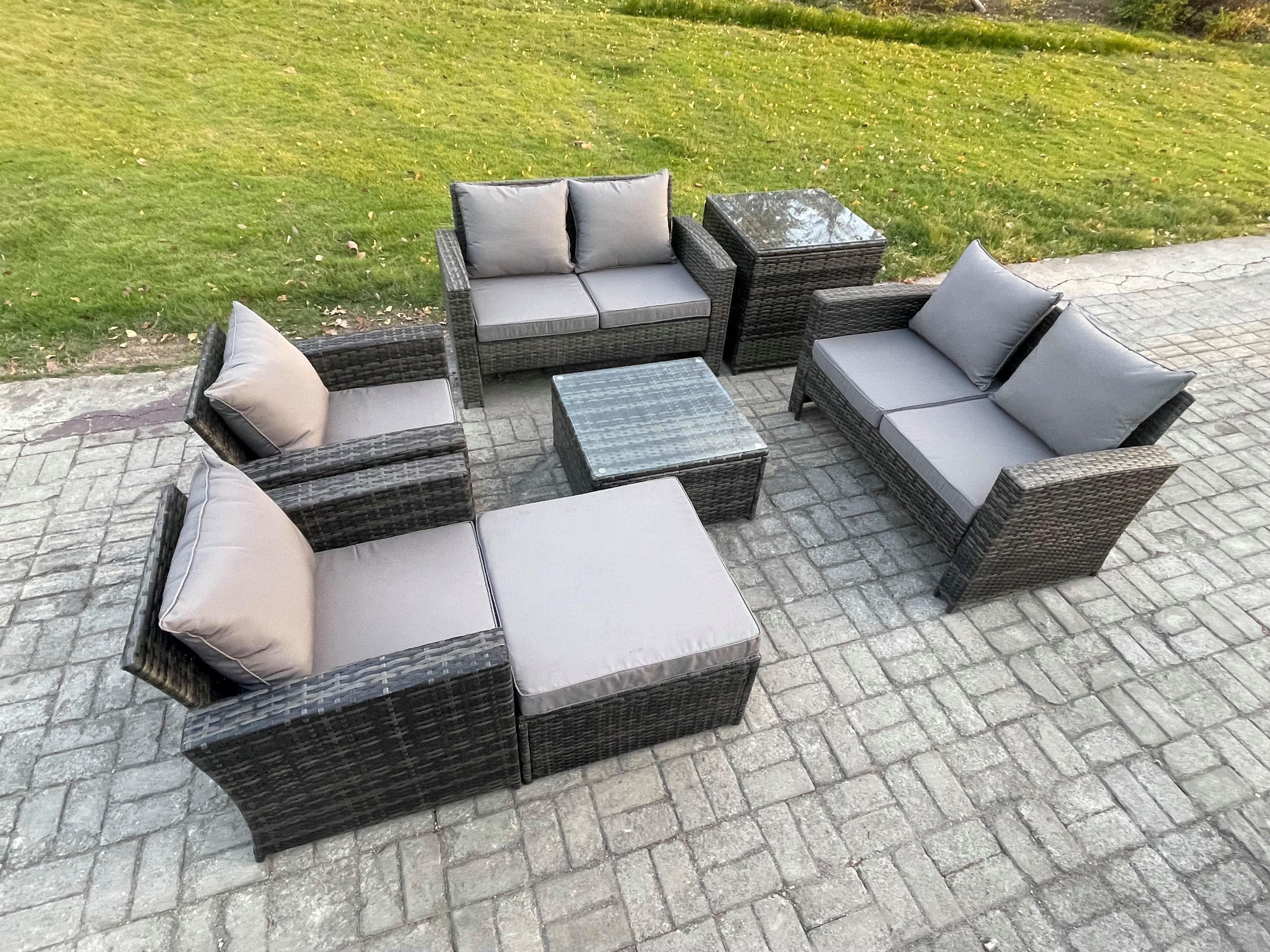 Rattan Garden Furniture Set 7 Seater Patio Outdoor Lounge Sofa Set Square Coffee Table Double Seat Sofa Side Table