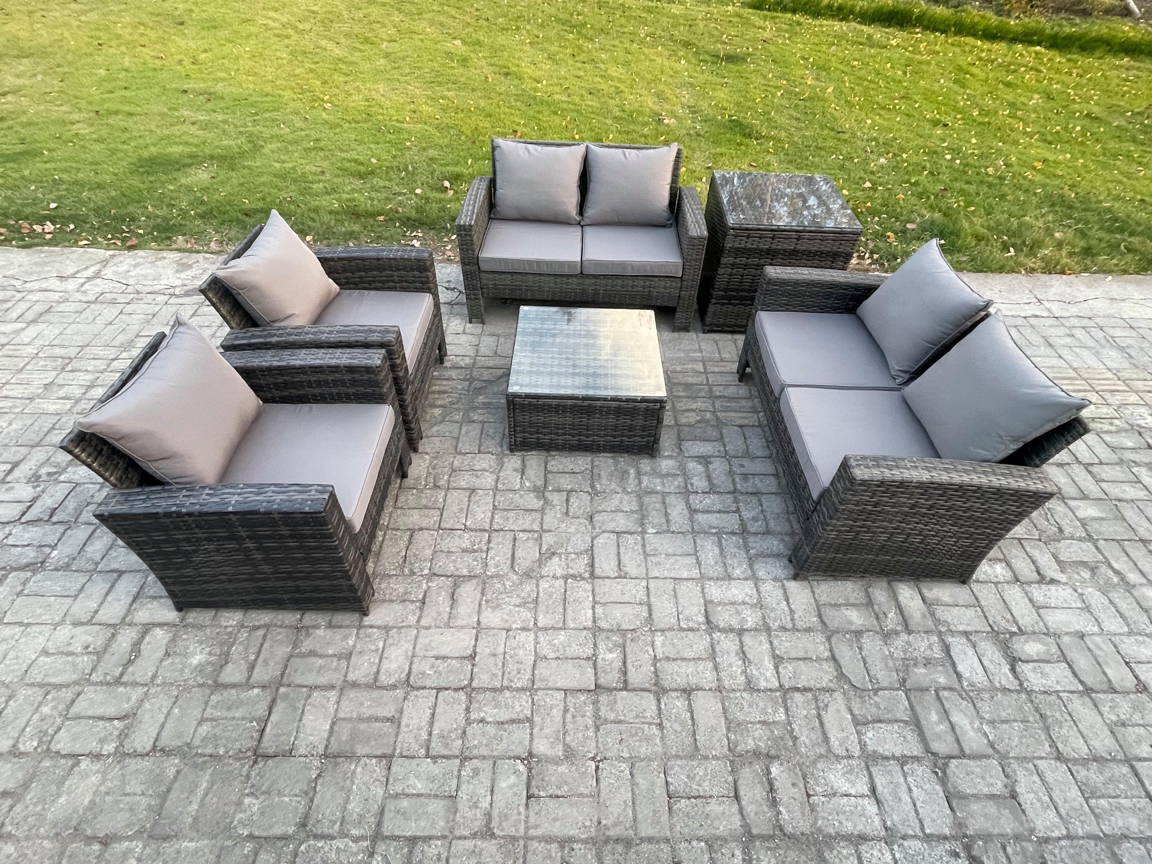 Rattan Garden Furniture Set 6 Seater Patio Outdoor Lounge Sofa Set Square Coffee Table Double Seat Sofa Side Table