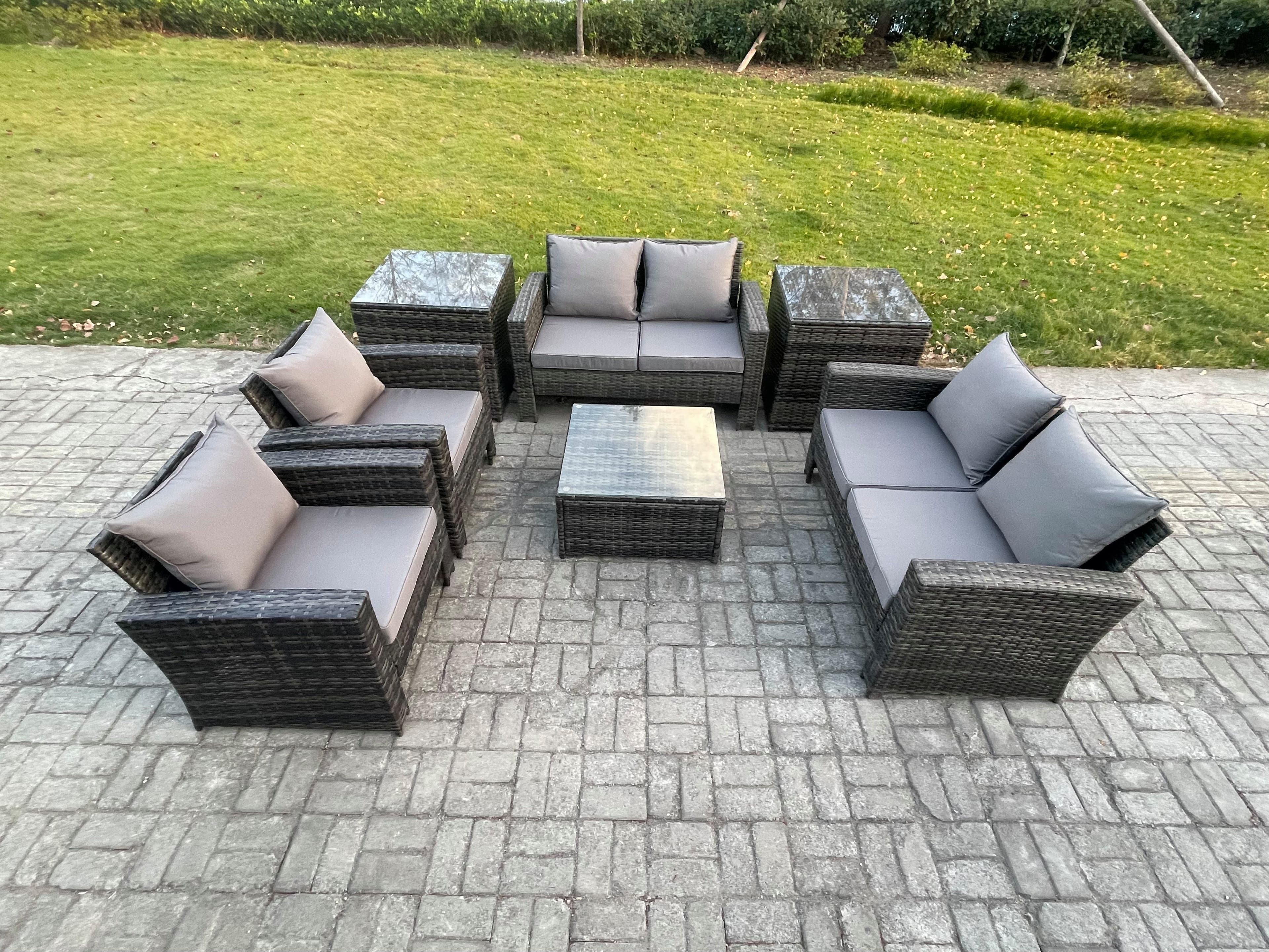 Rattan Garden Furniture Set Patio Outdoor Lounge Sofa Set Square Coffee Table Double Seat Sofa 2 Side Tables