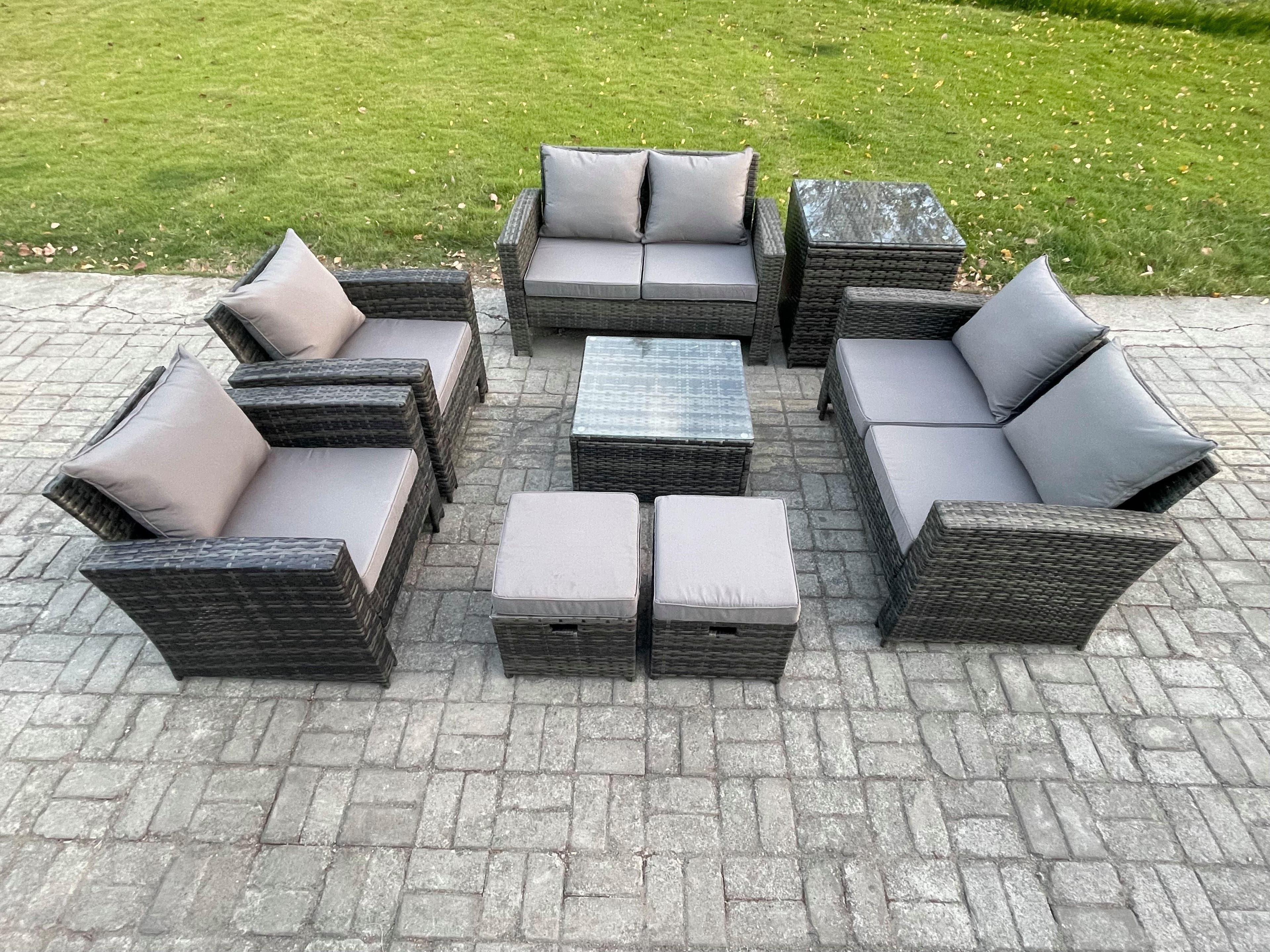 Rattan Garden Furniture Set 8 Seater Patio Outdoor Lounge Sofa Set Square Coffee Table Double Seat Sofa Side Table