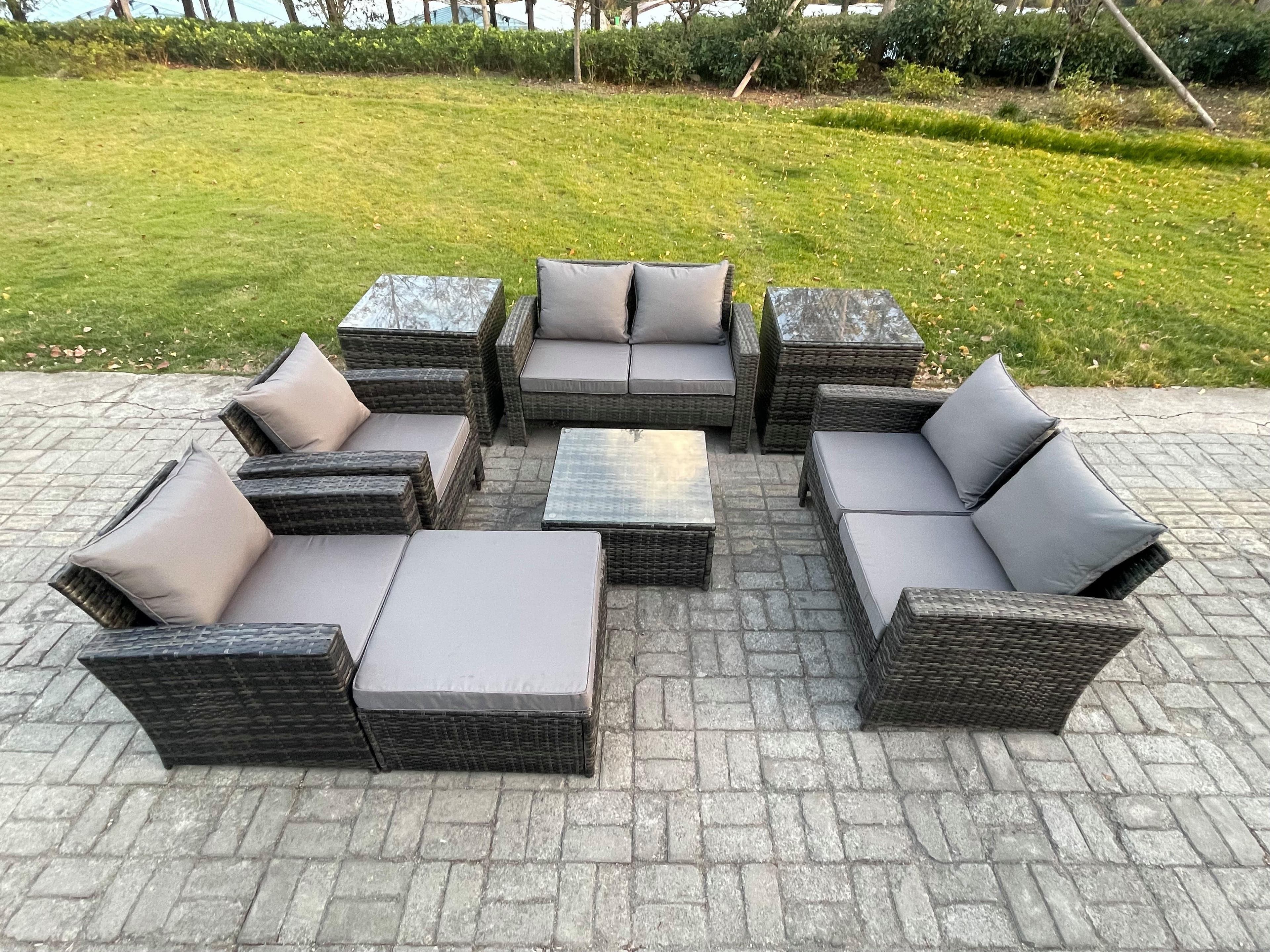 Rattan Garden Furniture Set Patio Outdoor Lounge Sofa Set Square Coffee Table Double Seat Sofa Side Tables