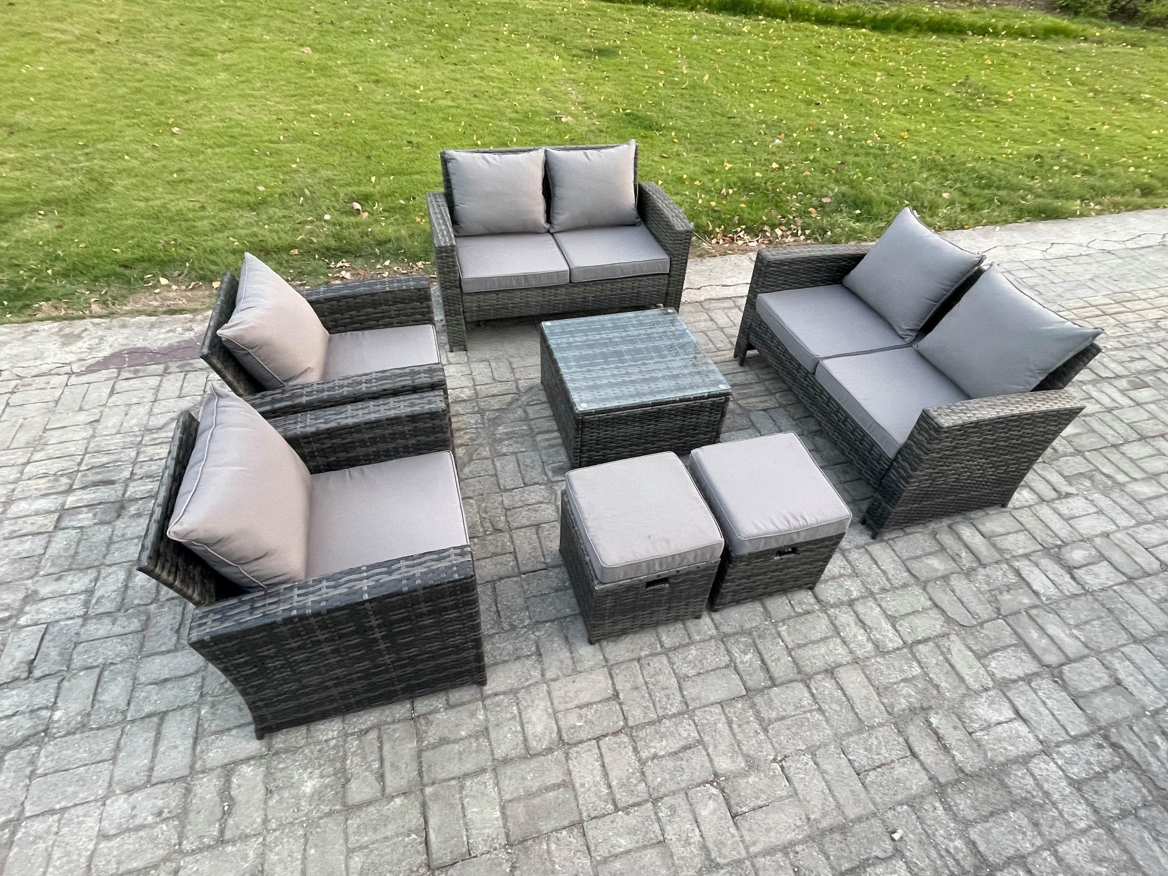 Rattan Garden Furniture Set Patio Outdoor Lounge Sofa Set Square Coffee Table Double Seat Sofa 2 Small Footstools