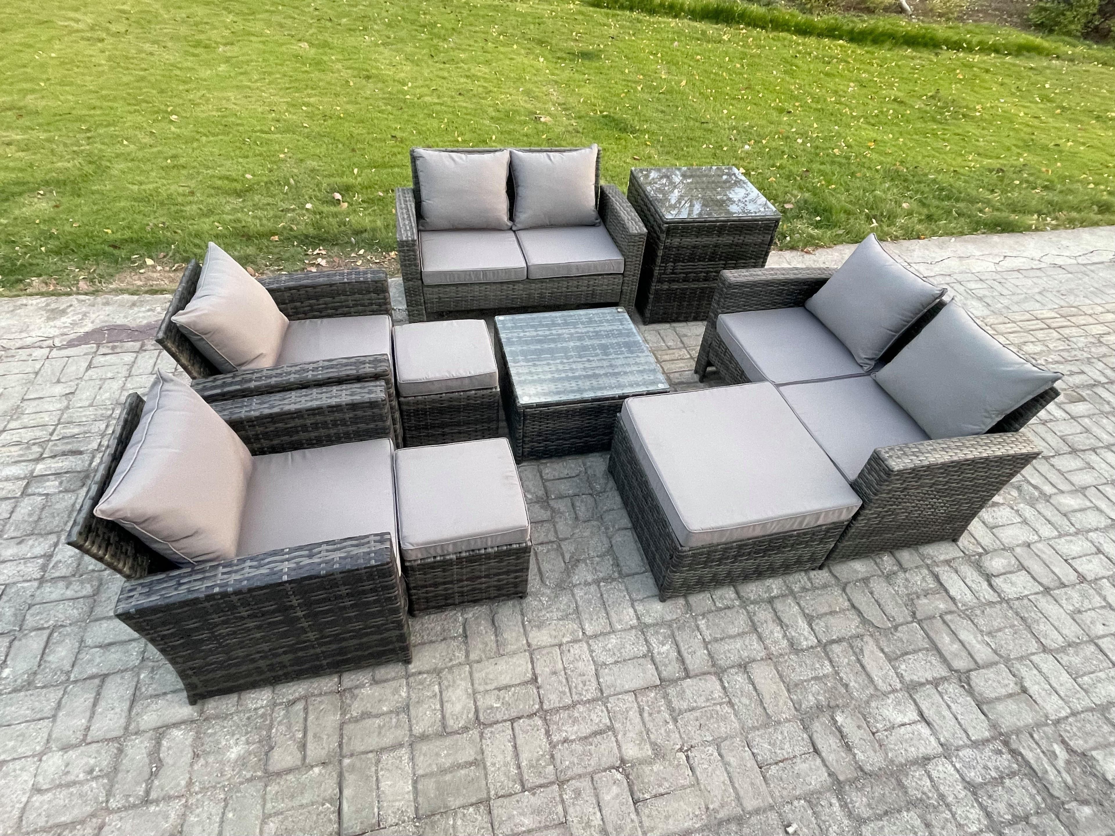 Outdoor Garden Furniture Sets 9 Pieces Wicker Rattan Furniture Manual Wicker Patio Sofa Set 3 Footstools Side Table