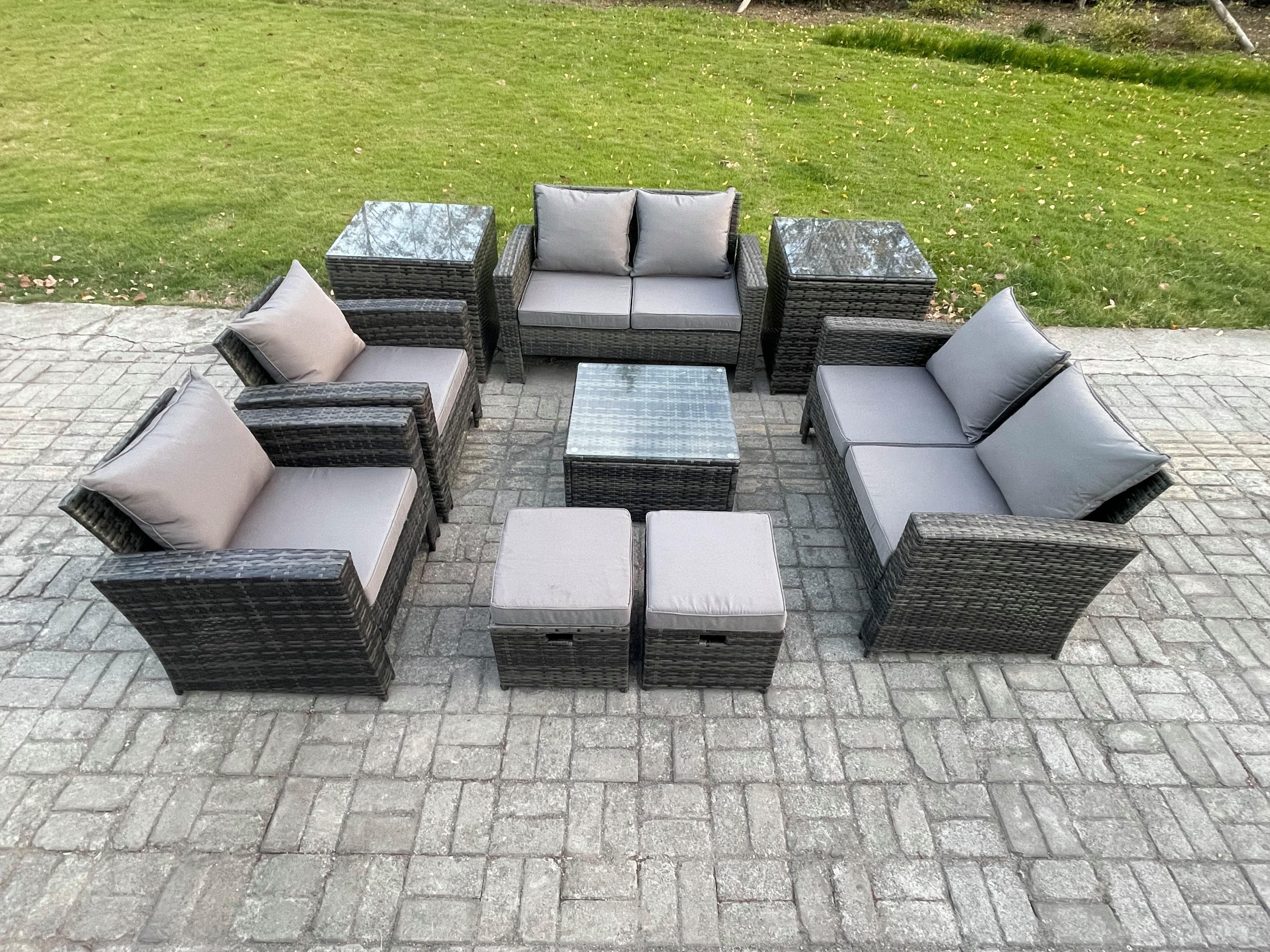 Outdoor Garden Furniture Sets 9 Pieces Wicker Rattan Furniture Manual Wicker Patio Sofa Set 2 Small Footstools