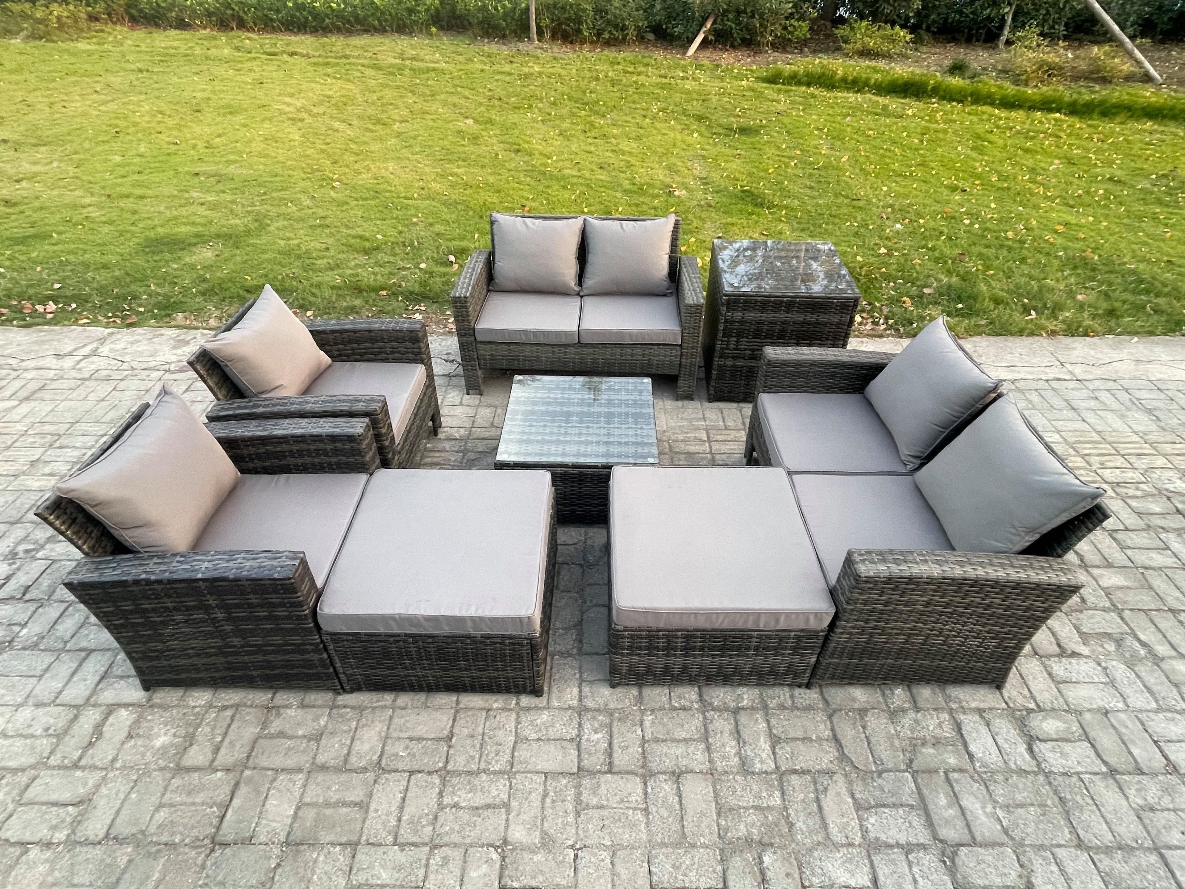 Outdoor Garden Furniture Sets 8 Pieces Wicker Rattan Furniture Manual Wicker Patio Sofa Patio Conversation Set 2 Big Footstool