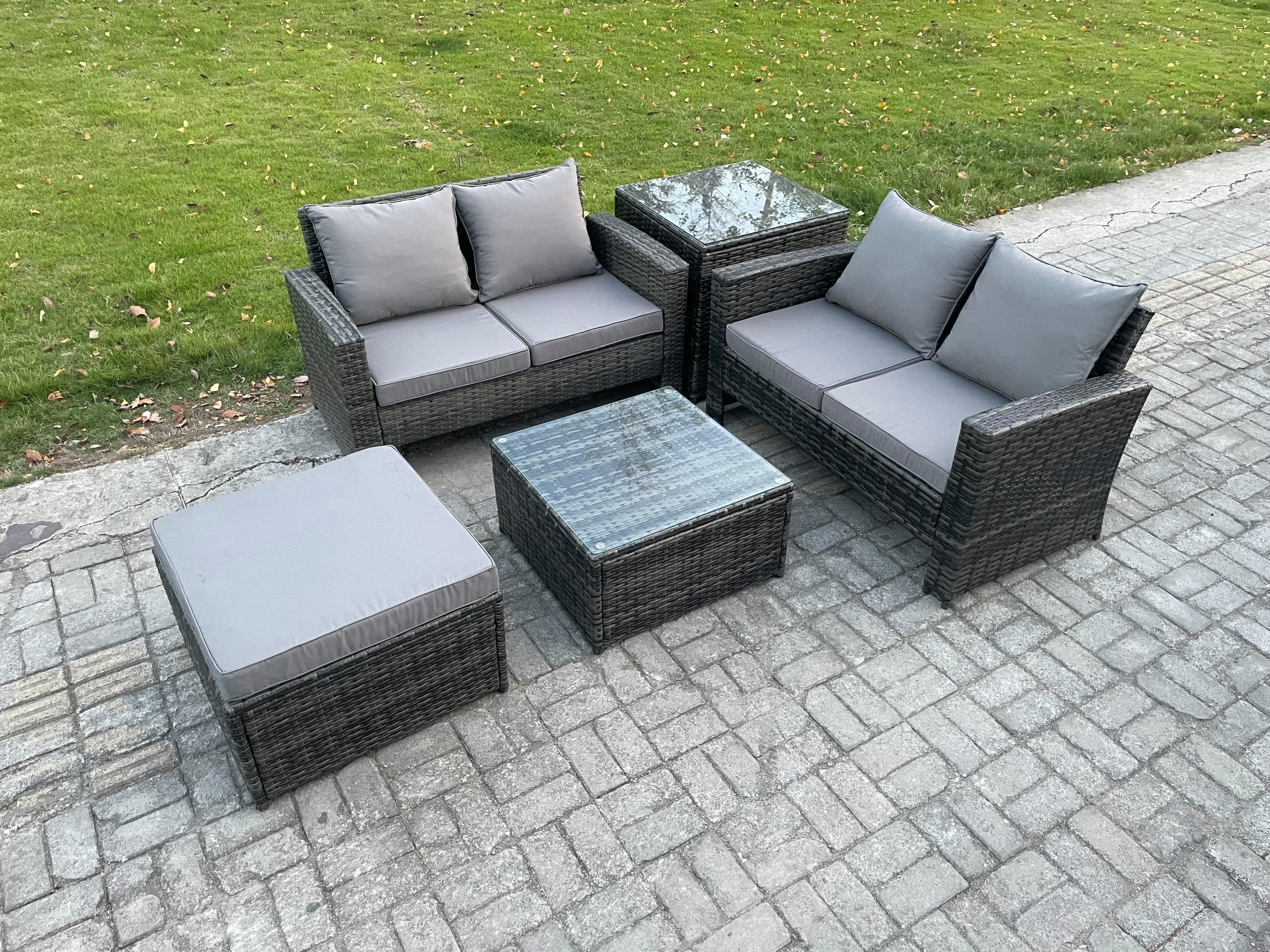 Rattan Garden Furniture Set 5 piece Patio Rattan Furniture Sofa Weaving Wicker includes 2 Double Seat Sofa Coffee Table Big Footstool
