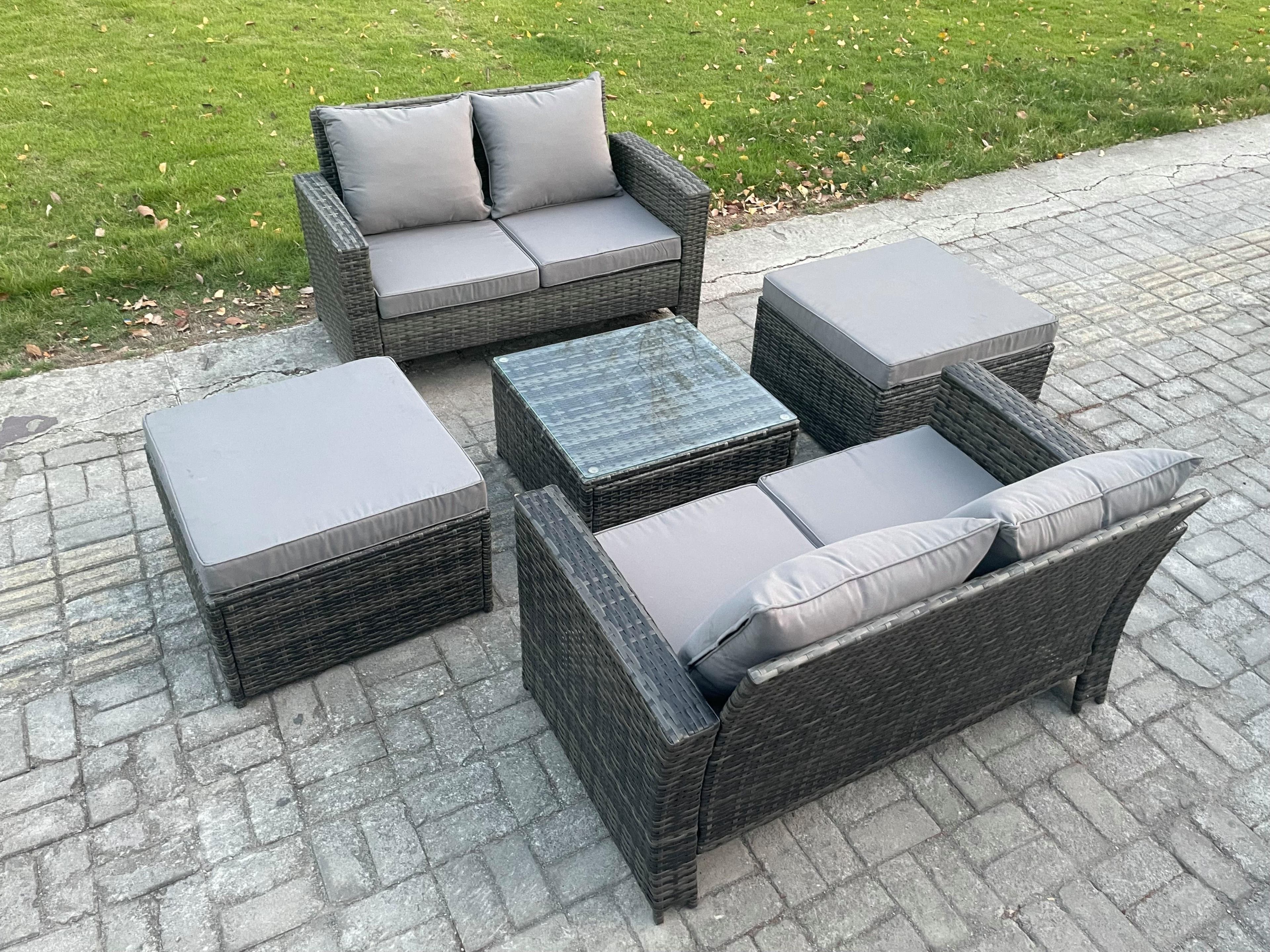 Rattan Garden Furniture Set 5 piece Patio Rattan Furniture Sofa Weaving Wicker includes 2 Double Seat Sofa Coffee Table 2 Big Footstool