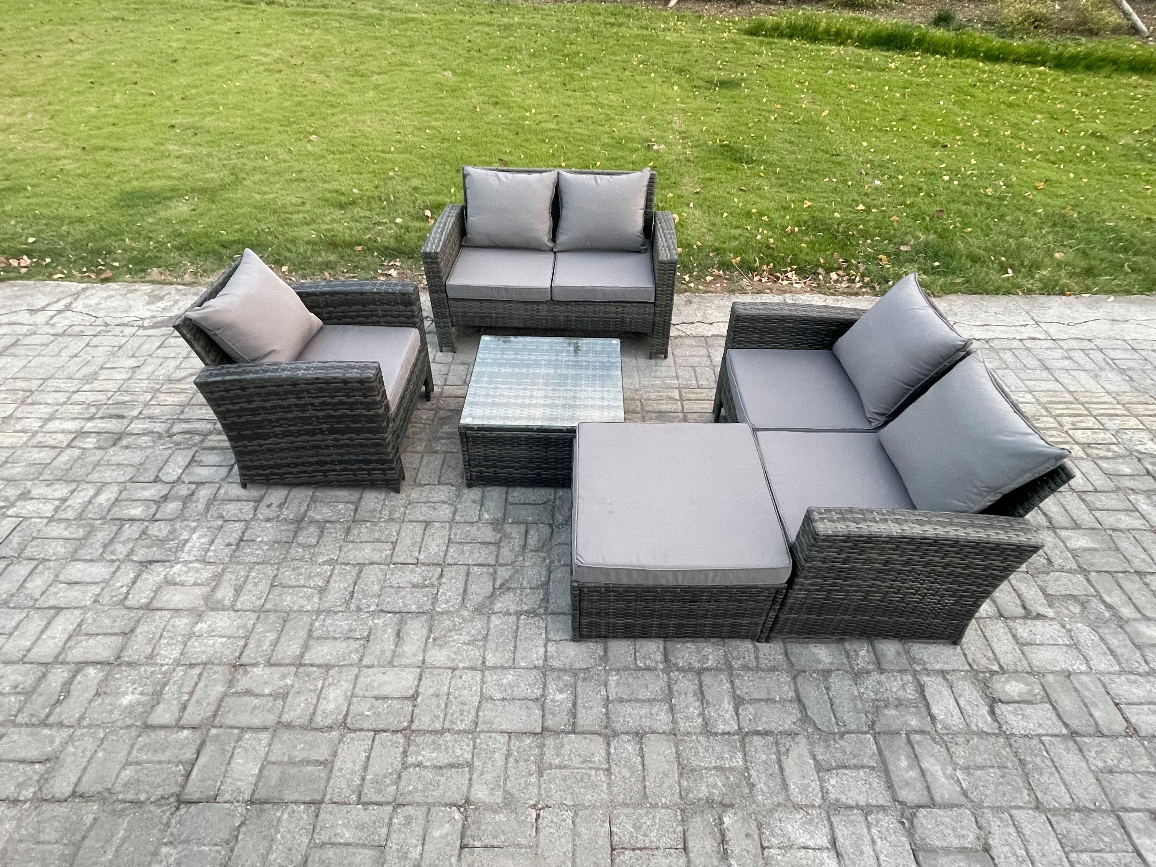 Outdoor Rattan Garden Furniture Set Conservatory Patio Sofa Coffee Table Set Chair Big Footstool Dark Grey Mixed