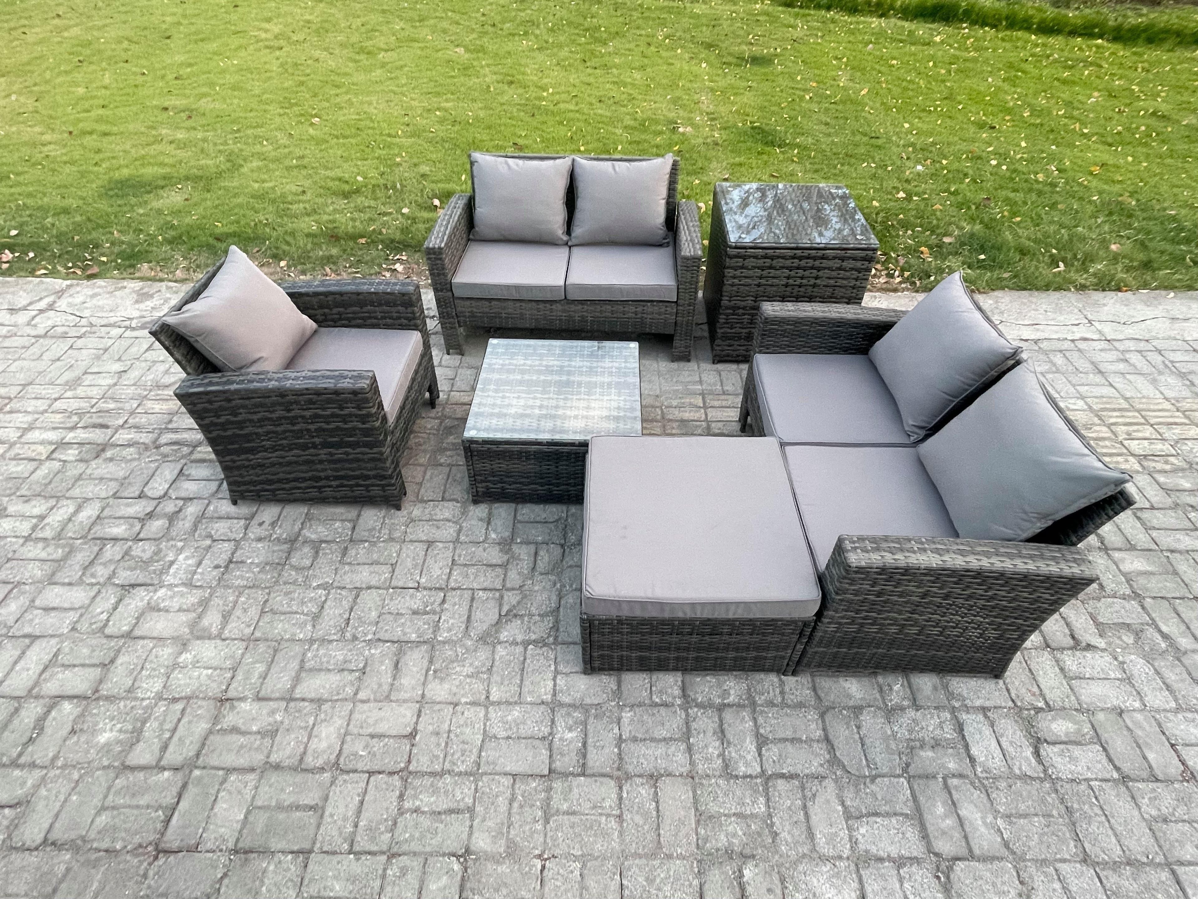 Outdoor Rattan Garden Furniture Set Conservatory Patio Sofa Coffee Table Set Chair Big Footstool Side Table Dark Grey Mixed