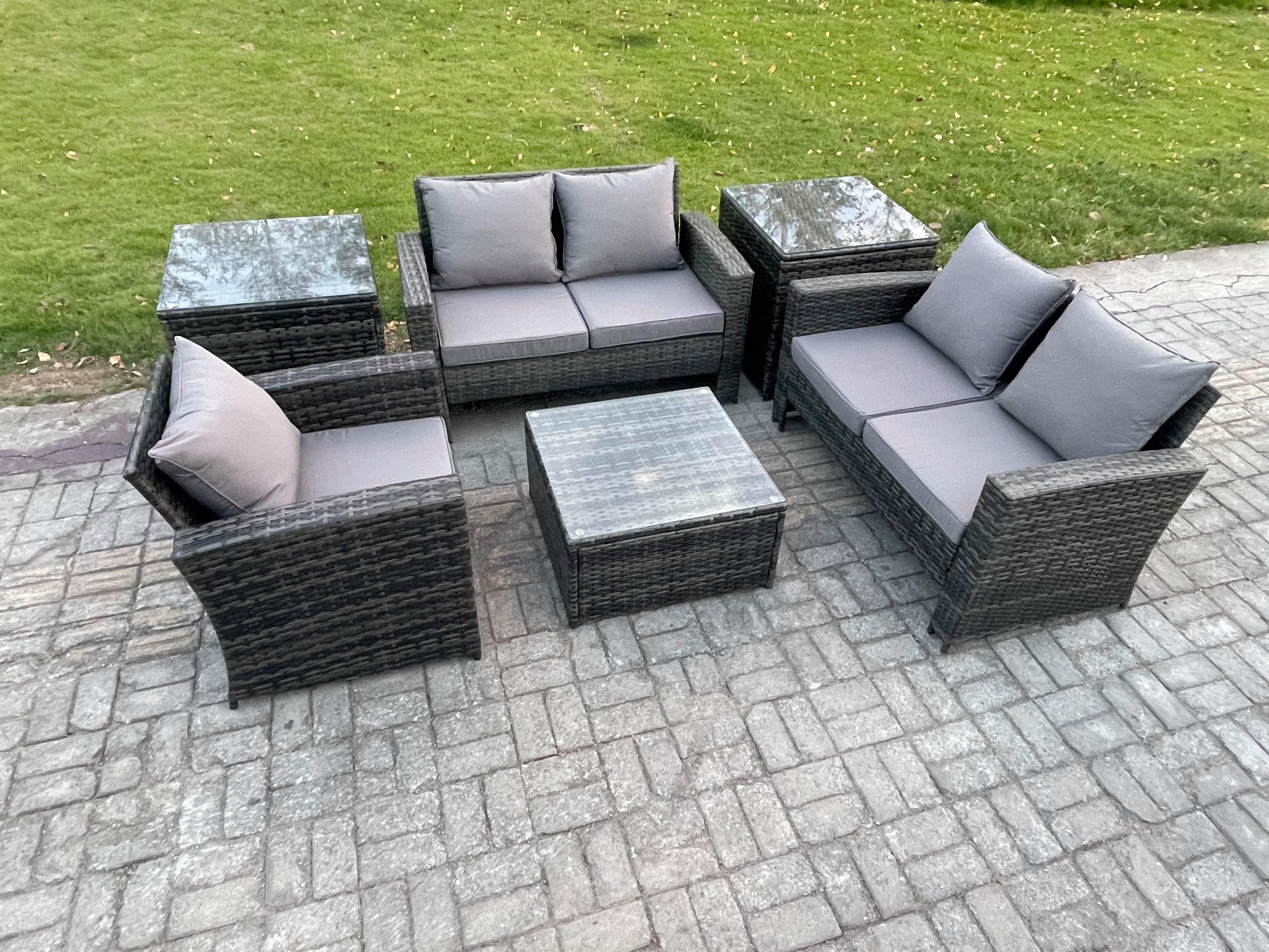 Outdoor Rattan Garden Furniture Set Conservatory Patio Sofa Coffee Table Set Chair 2 Side Tables Dark Grey Mixed