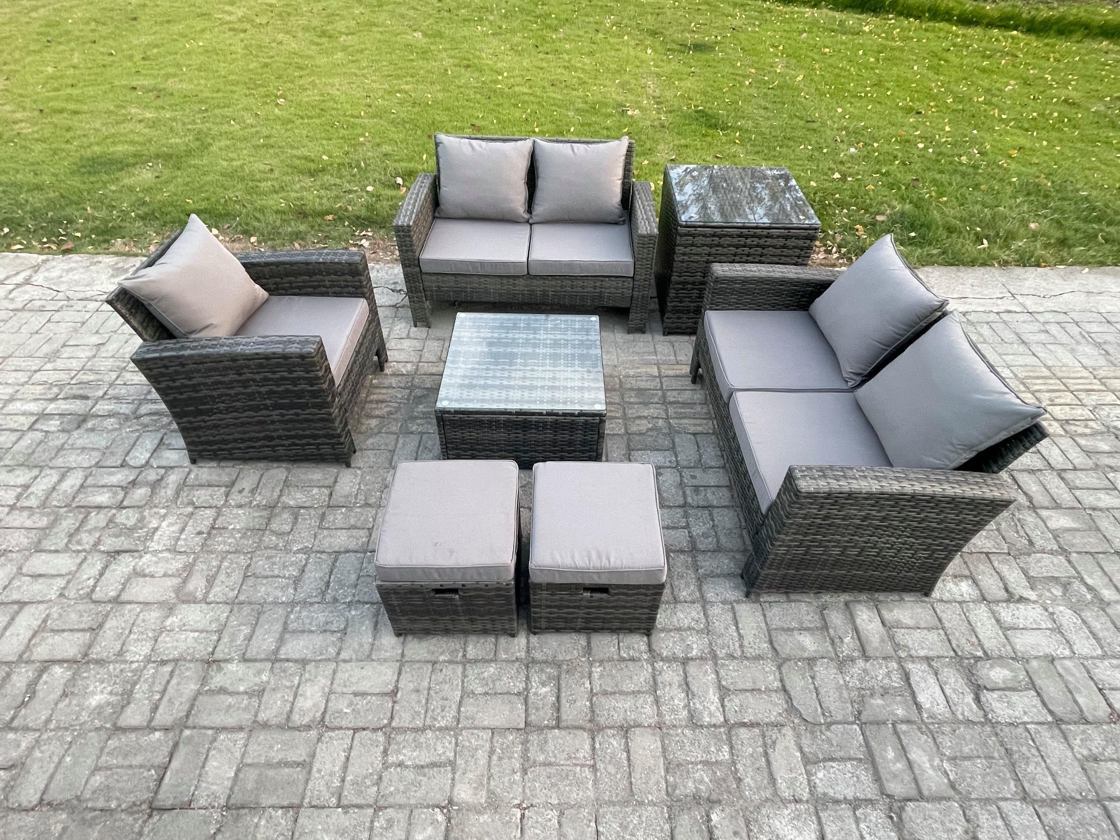 Outdoor Rattan Garden Furniture Set Conservatory Patio Sofa Coffee Table Set Chair Side Table 2 Small Footstools Dark Grey Mixed