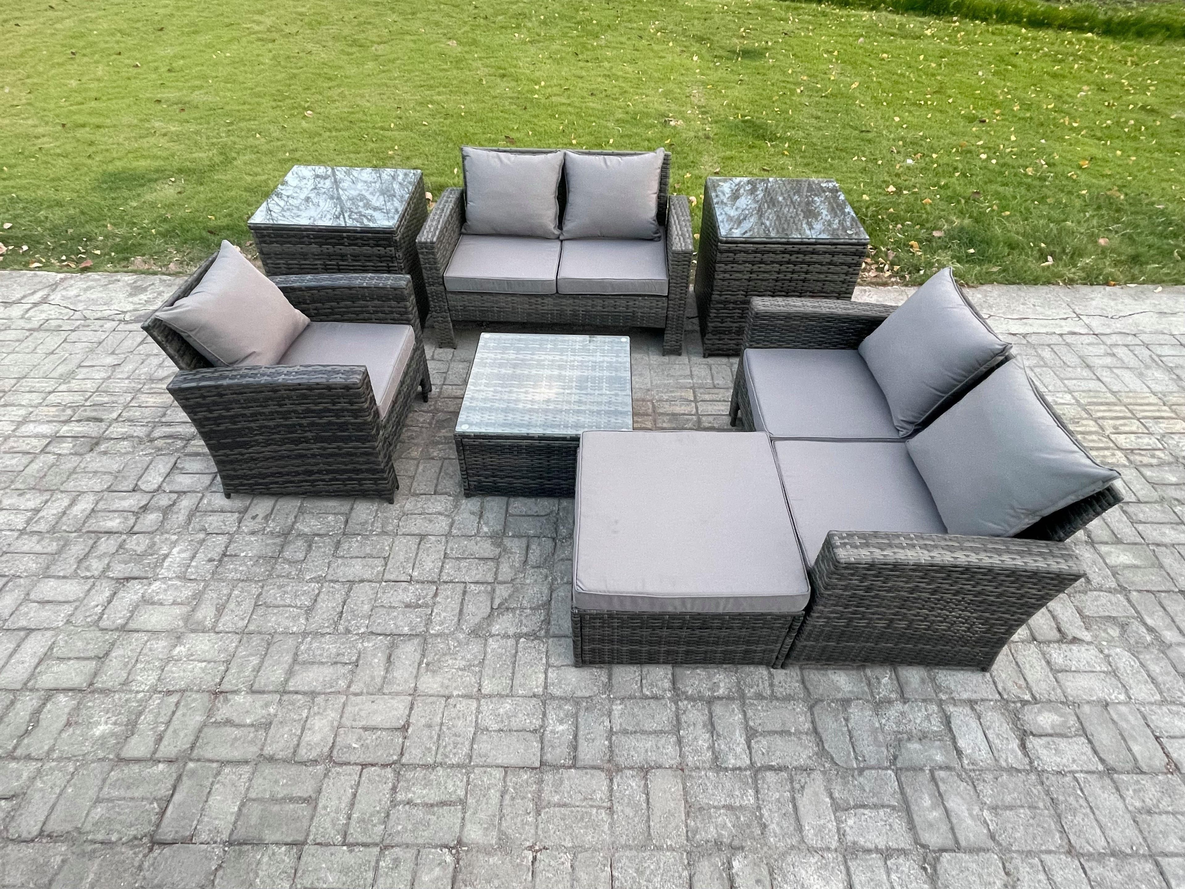 Outdoor Rattan Garden Furniture Set Conservatory Patio Sofa Coffee Table Set Chair 2 Side Tables Big Footstool Dark Grey Mixed