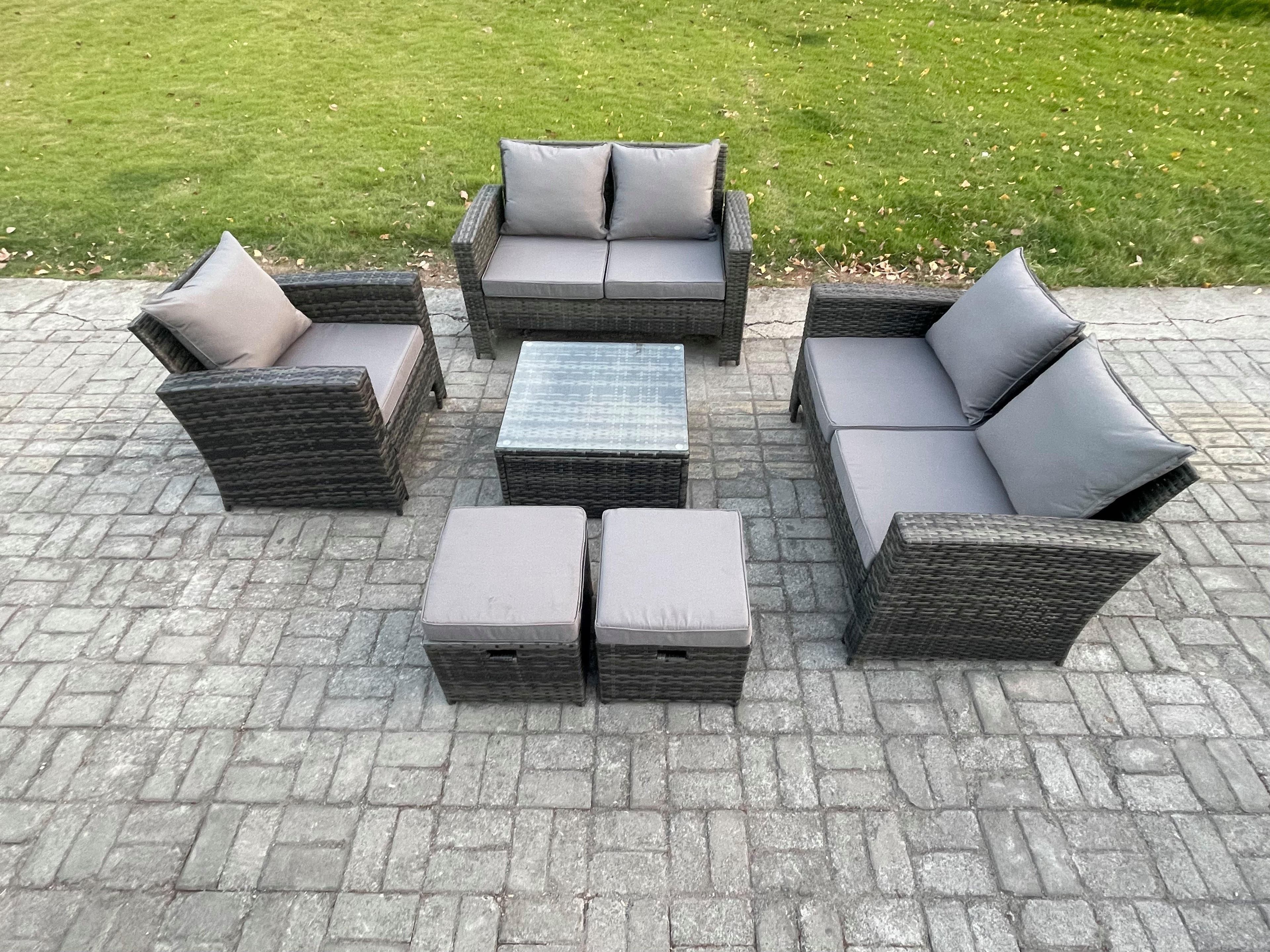 7 Seater Outdoor Rattan Garden Furniture Set Conservatory Patio Sofa Coffee Table Set Chair 2 Small Footstools Dark Grey Mixed