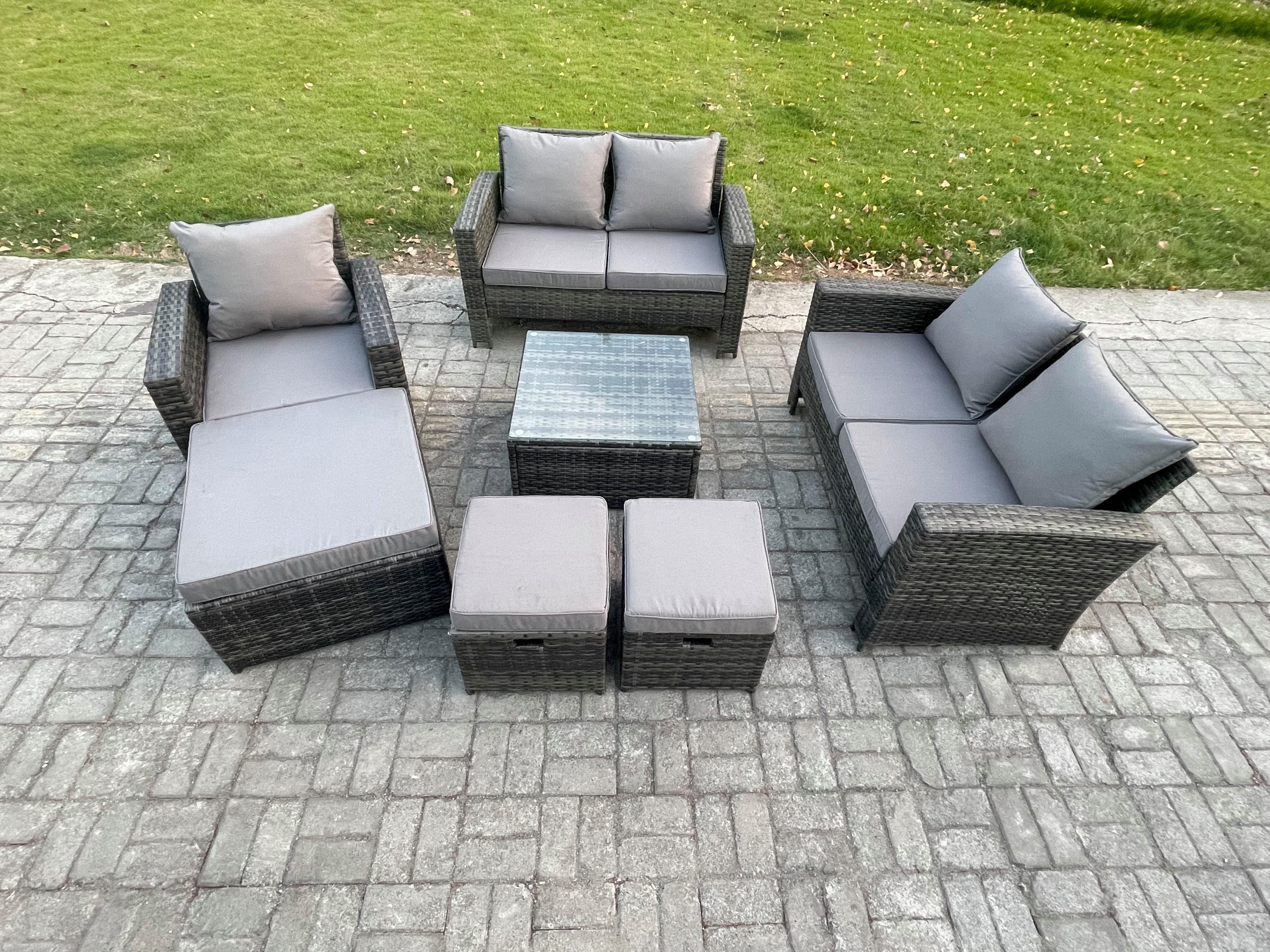 8 Seater Outdoor Rattan Garden Furniture Set Conservatory Patio Sofa Coffee Table Set Chair 3 Footstools Dark Grey Mixed