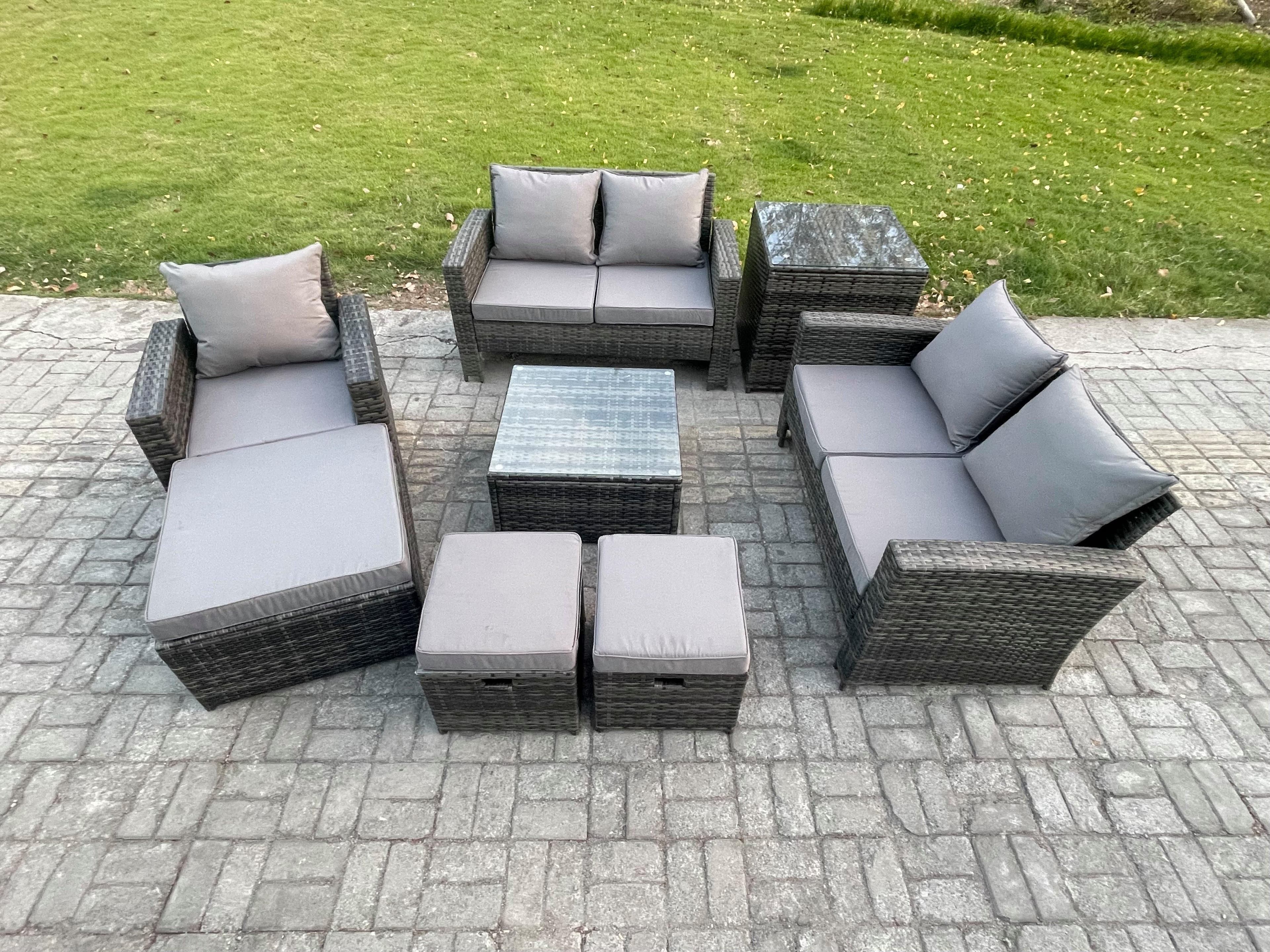 8 Seater Outdoor Rattan Garden Furniture Set Conservatory Patio Sofa Coffee Table Set Chair Side Table 3 Footstools