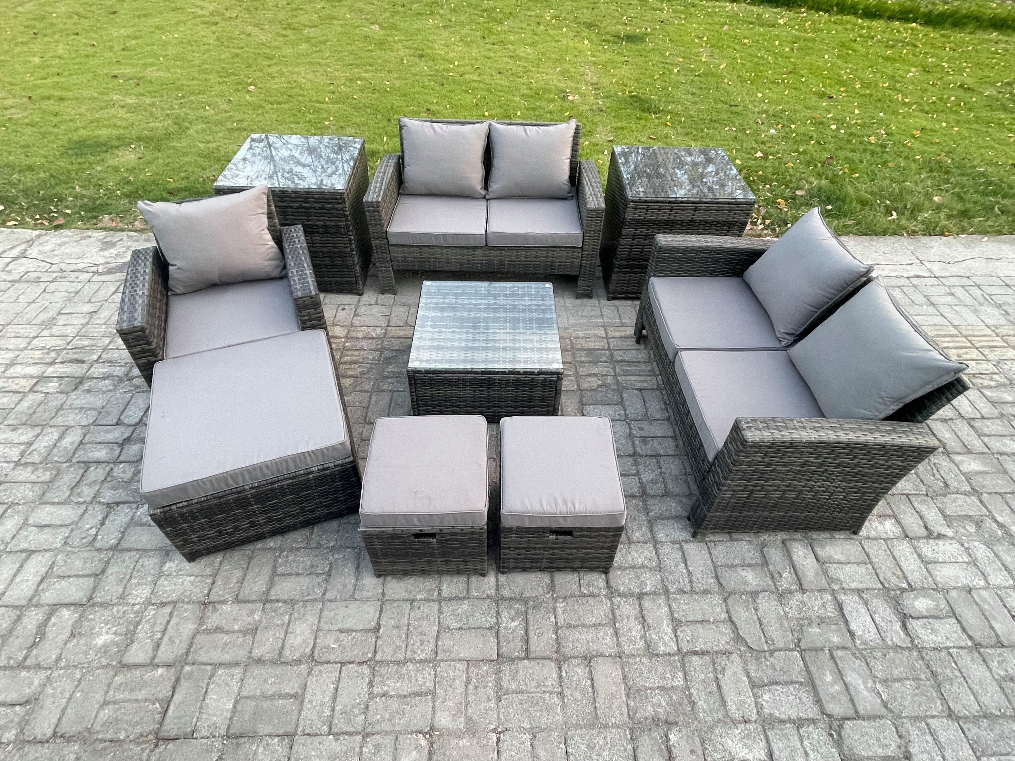 8 Seater Outdoor Rattan Garden Furniture Set Conservatory Patio Sofa Coffee Table Set Chair 2 Side Tables 3 Footstools