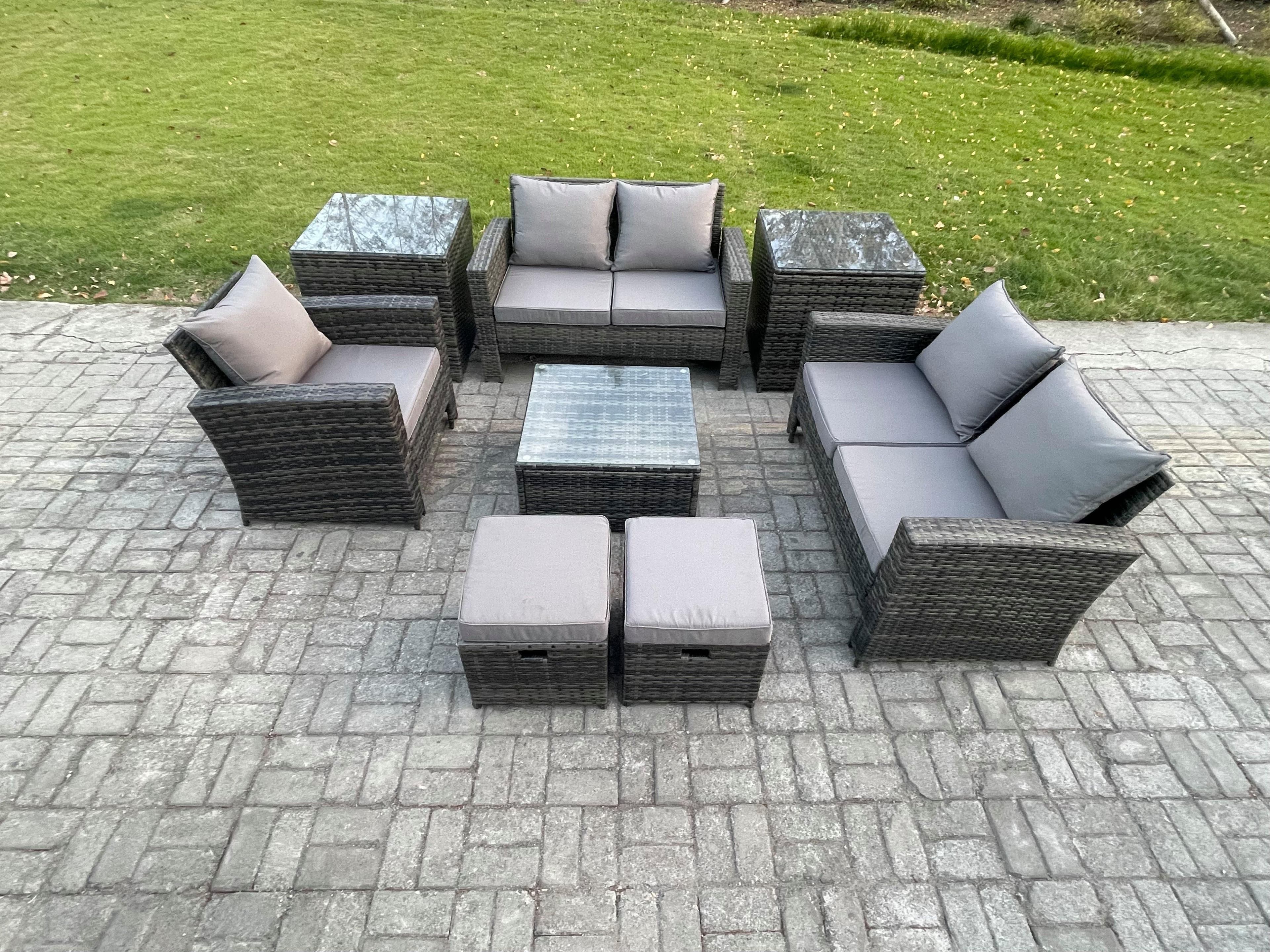 7 Seater Outdoor Rattan Garden Furniture Set Conservatory Patio Sofa Coffee Table Set Chair 2 Side Tables 2 Small Footstools